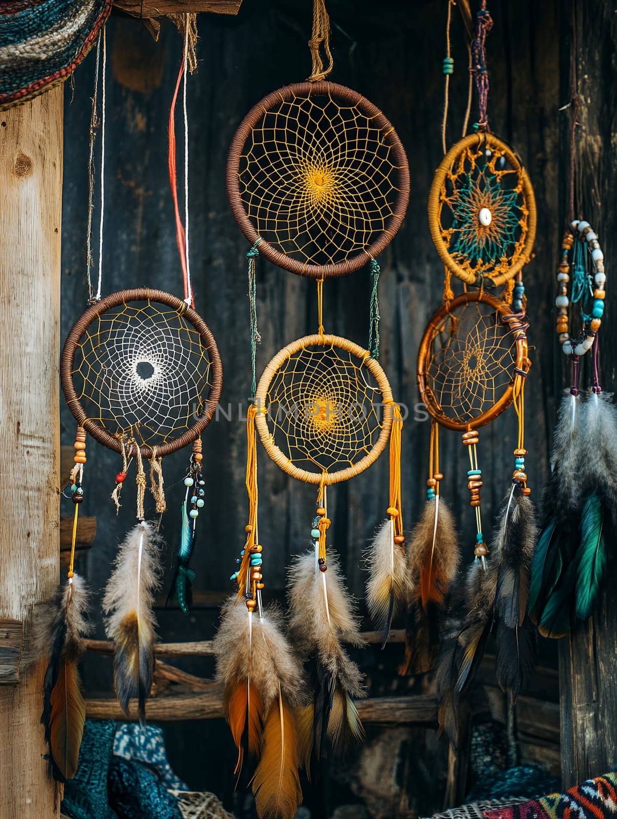 An array of colorful dreamcatchers hanging against a wooden backdrop, capturing bohemian charm and tradition.