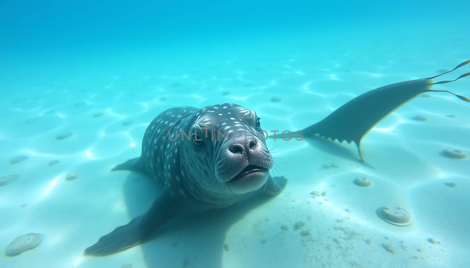 A close-up portrait of a spotted seal underwater, with a curious expression on its face. The seal is swimming in clear blue water, with sunlight shining through the surface. This image would be perfect for use in documentaries, wildlife magazines, or educational materials. It is also a great choice for branding or marketing campaigns for ocean conservation or eco-tourism. ,