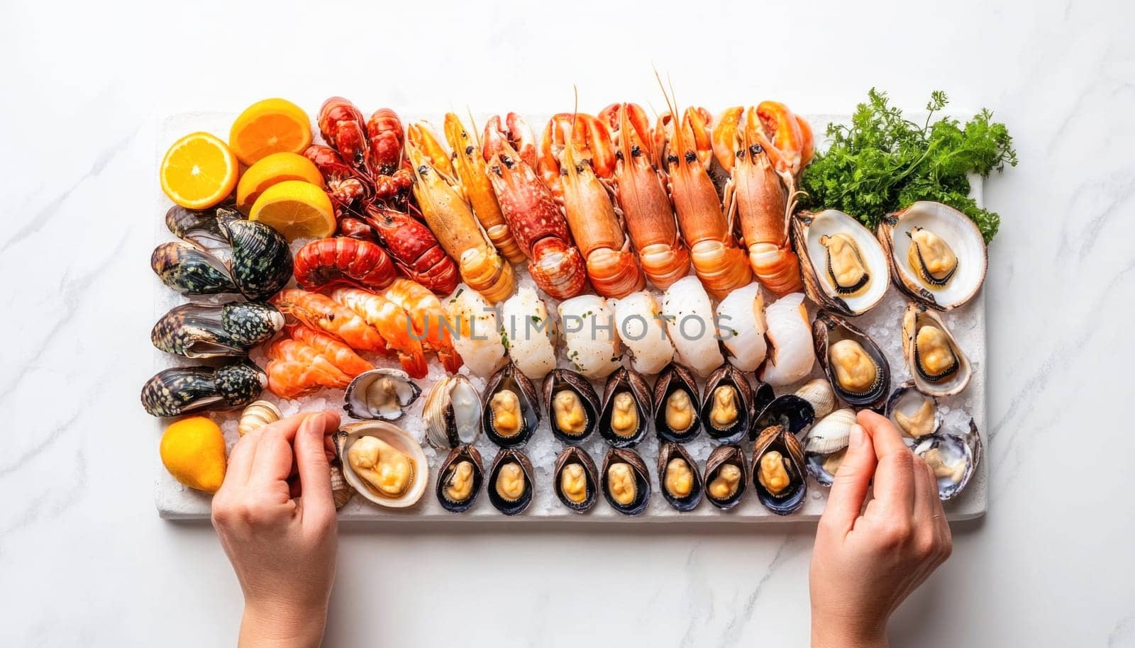 White marble table with a platter full of fresh shellfish and crustaceans being arranged by two hands