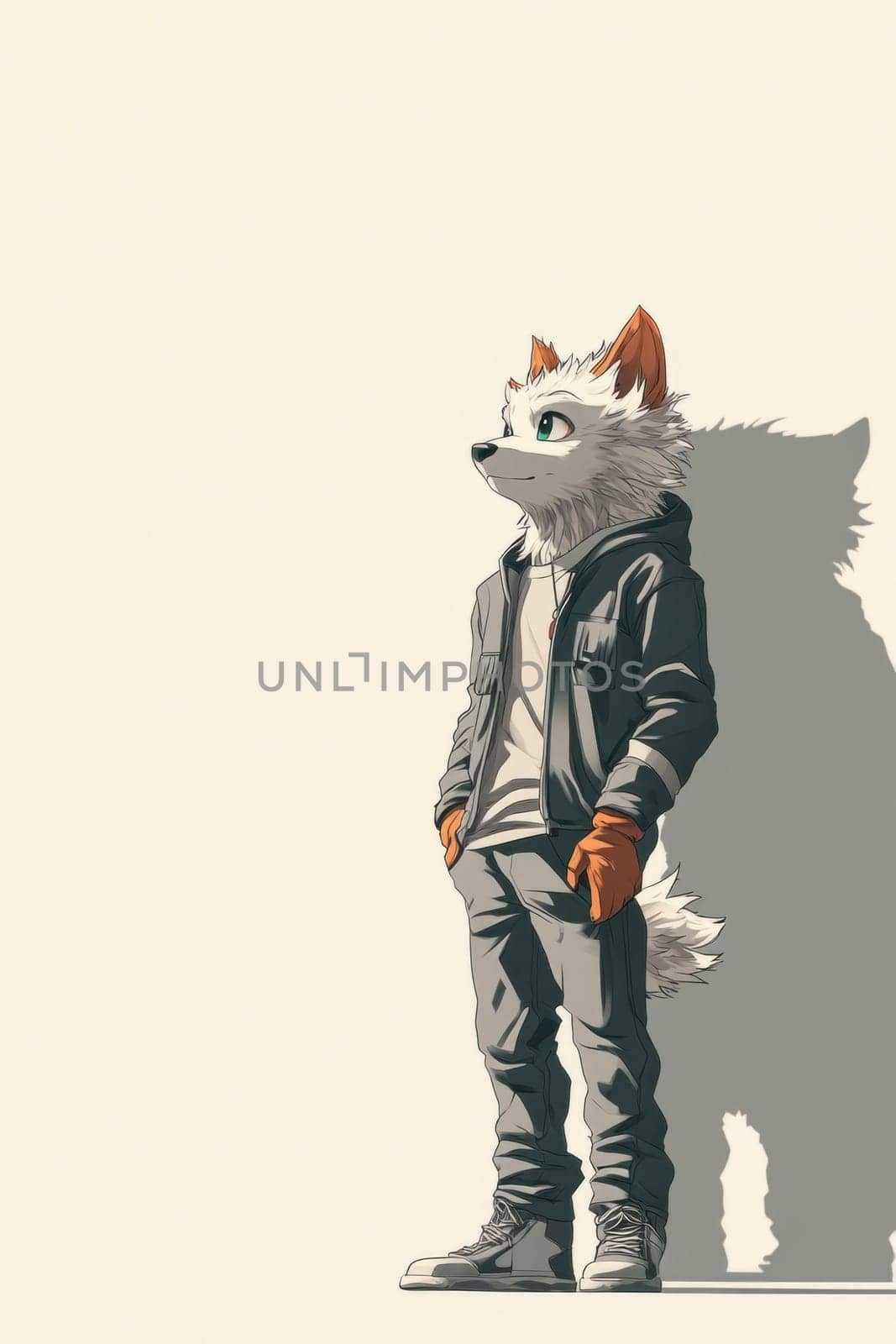 Anthropomorphic dog wearing street wear is leaning against a wall looking up with copy space