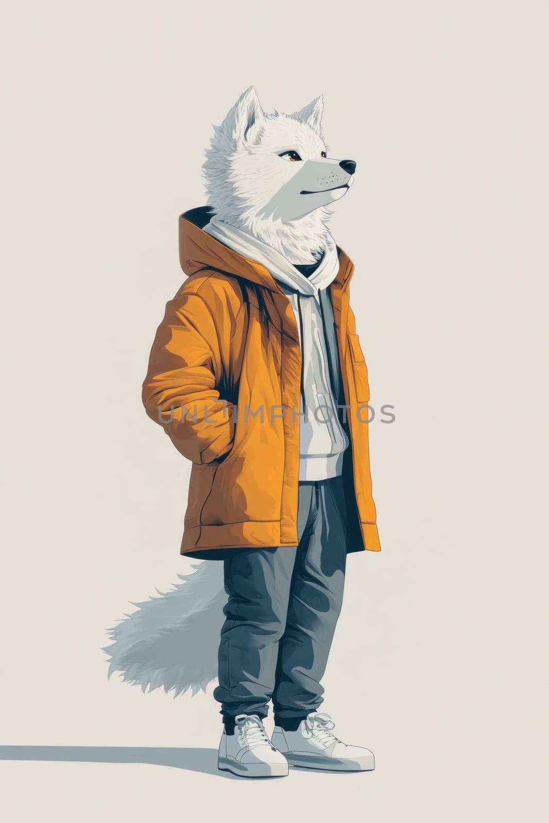 Anthropomorphic wild dog with human body wearing stylish winter clothes standing in side profile