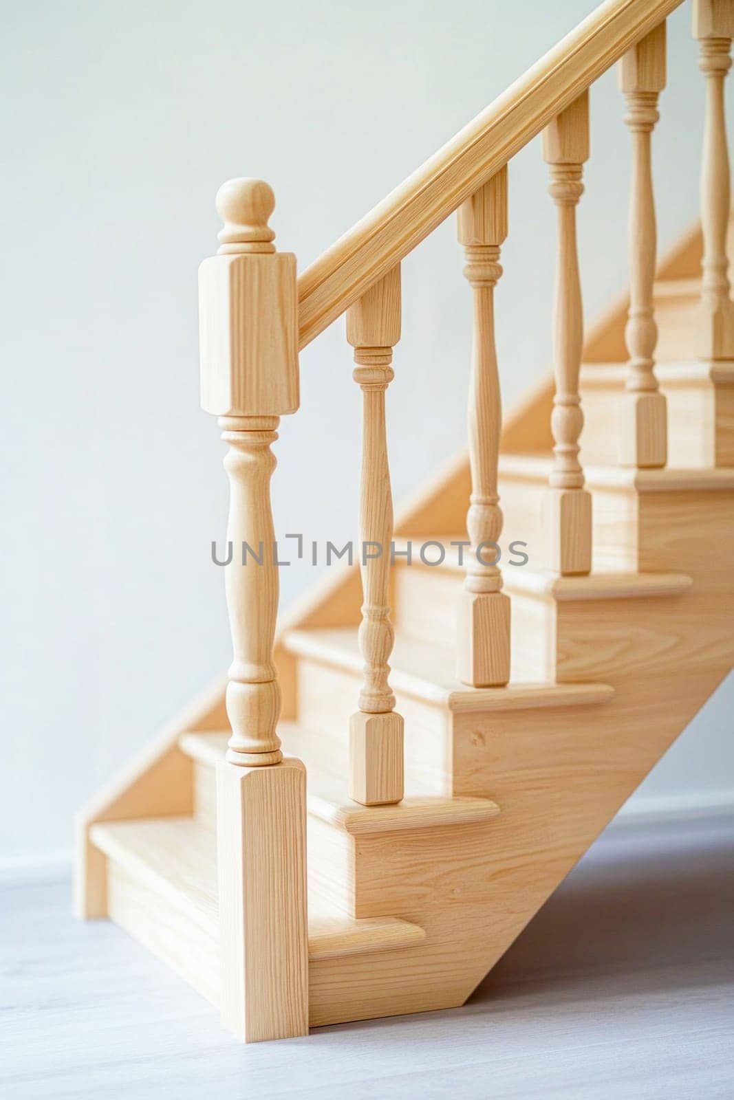 New wooden staircase connecting levels in a modern house with simple design and light colors