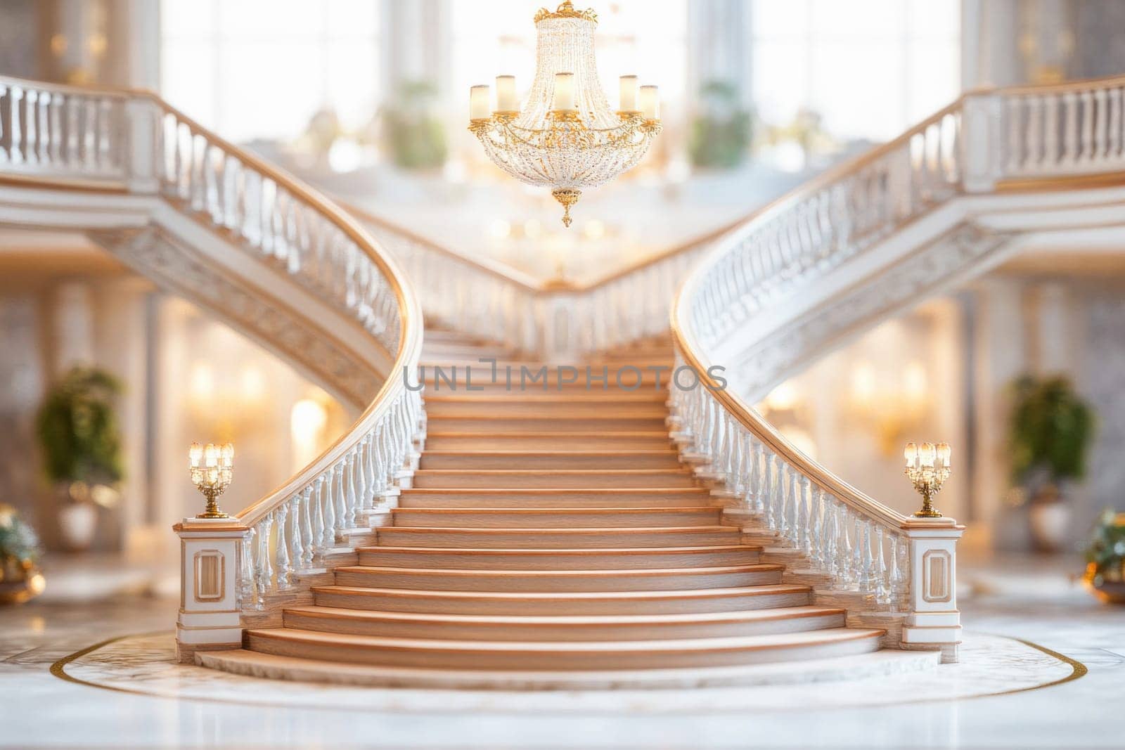 Elegant white marble double staircase with wrought iron railing and crystal chandelier is giving a luxurious feeling