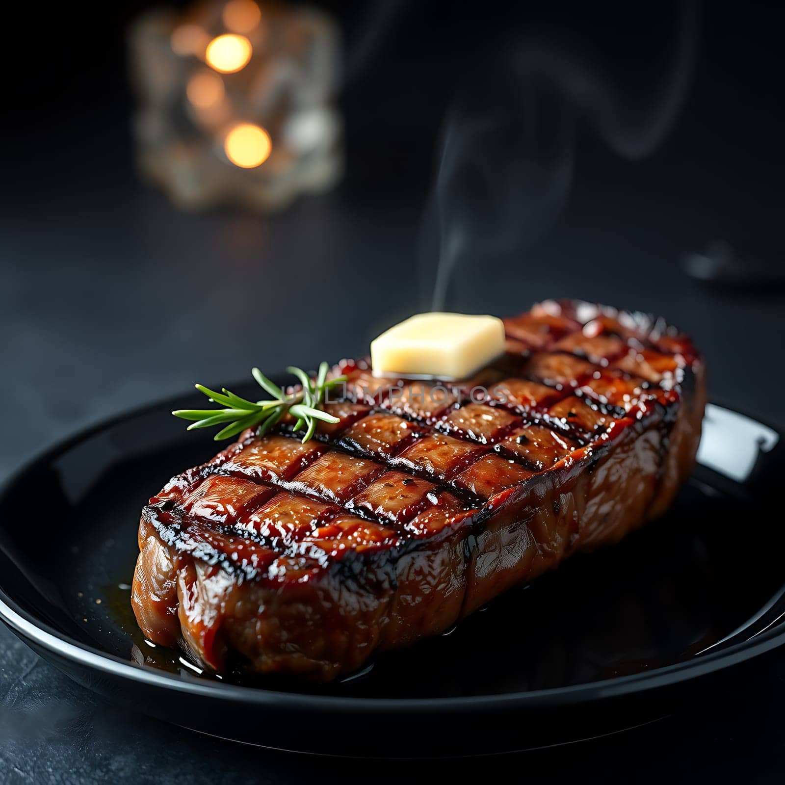 A close-up shot of a perfectly cooked grilled steak, resting on a black plate. The steak is glistening with juices and melted butter, and a sprig of rosemary adds a touch of freshness. Steam rising from the steak creates a sense of warmth and appetite. This image is perfect for showcasing the deliciousness and quality of a perfectly prepared steak, making it ideal for use in menus, restaurant marketing materials, food blogs, or articles related to grilling and cooking.