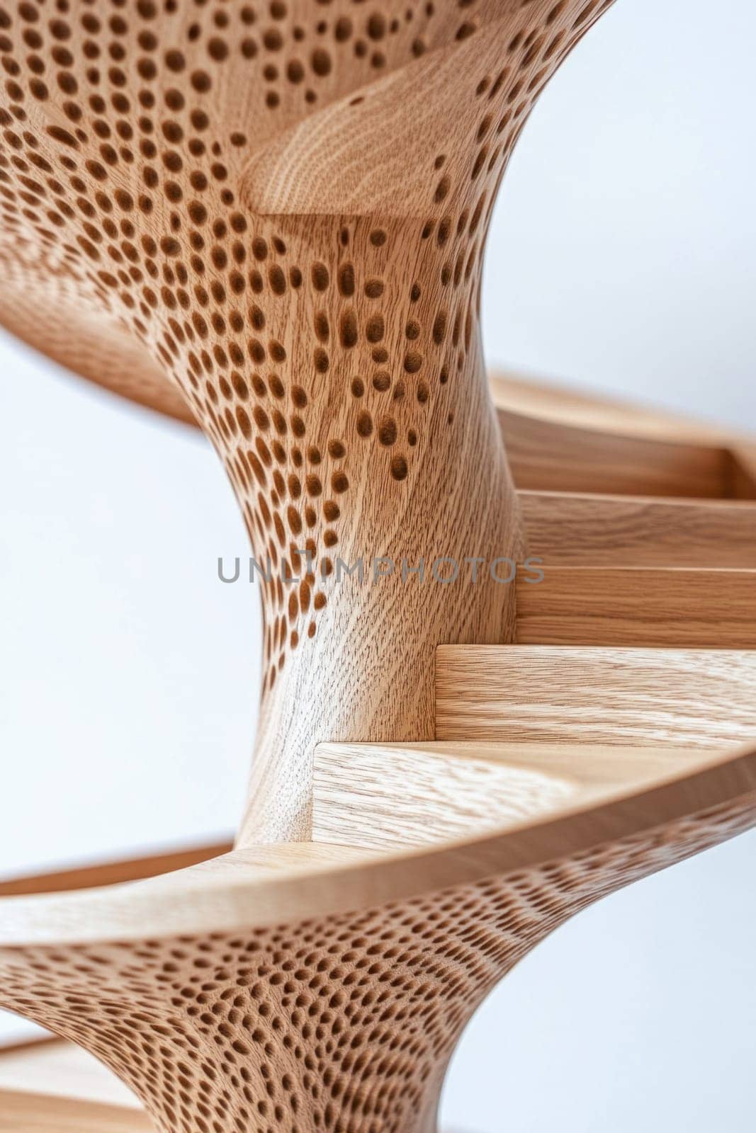 Modern spiral staircase made of wood, featuring intricate carving and precise joinery