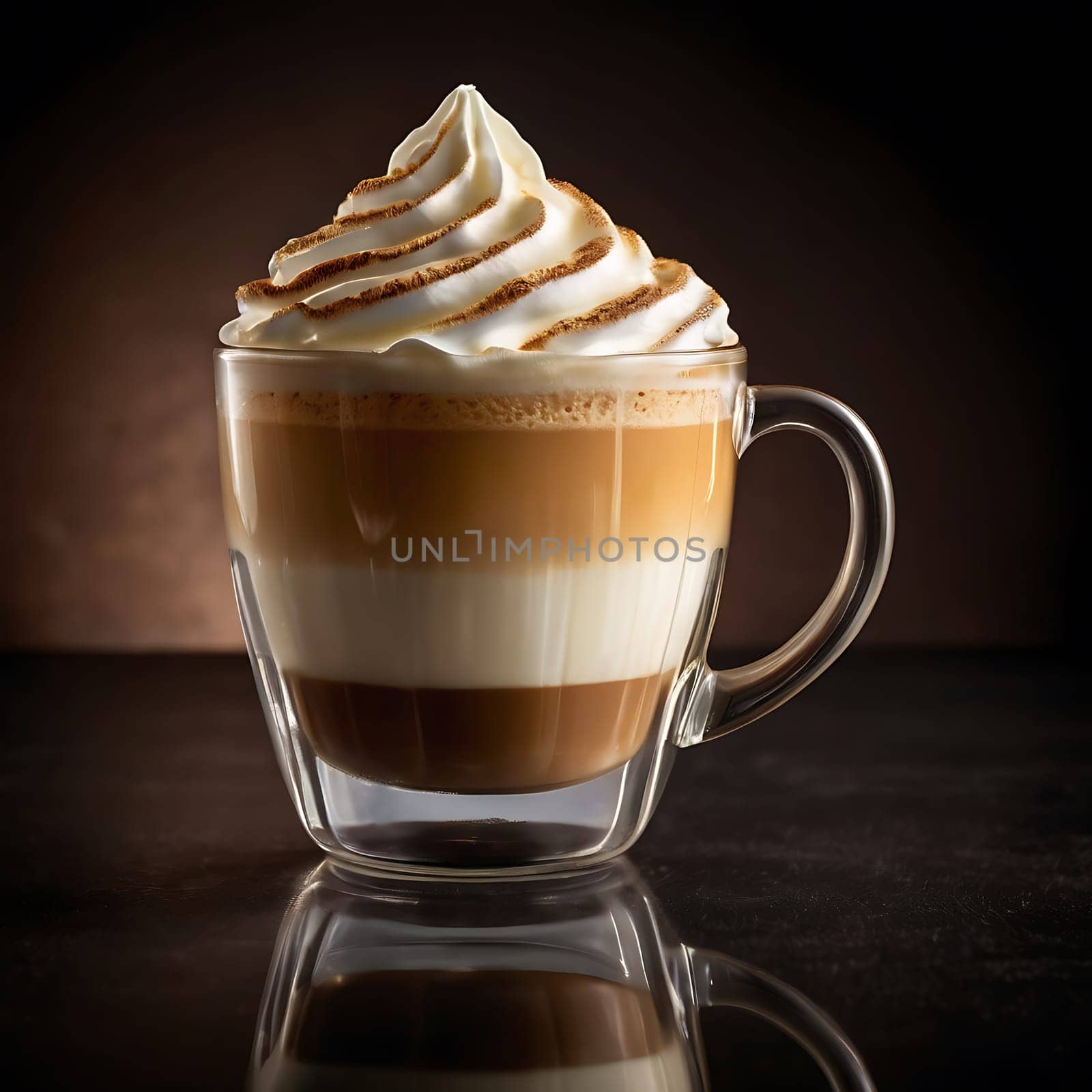 A close-up of a glass of iced coffee with whipped cream and a sprinkle of cinnamon. The coffee is layered with milk and espresso, making it a perfect summer drink. The image is perfect for advertising, menus, or social media posts. ,