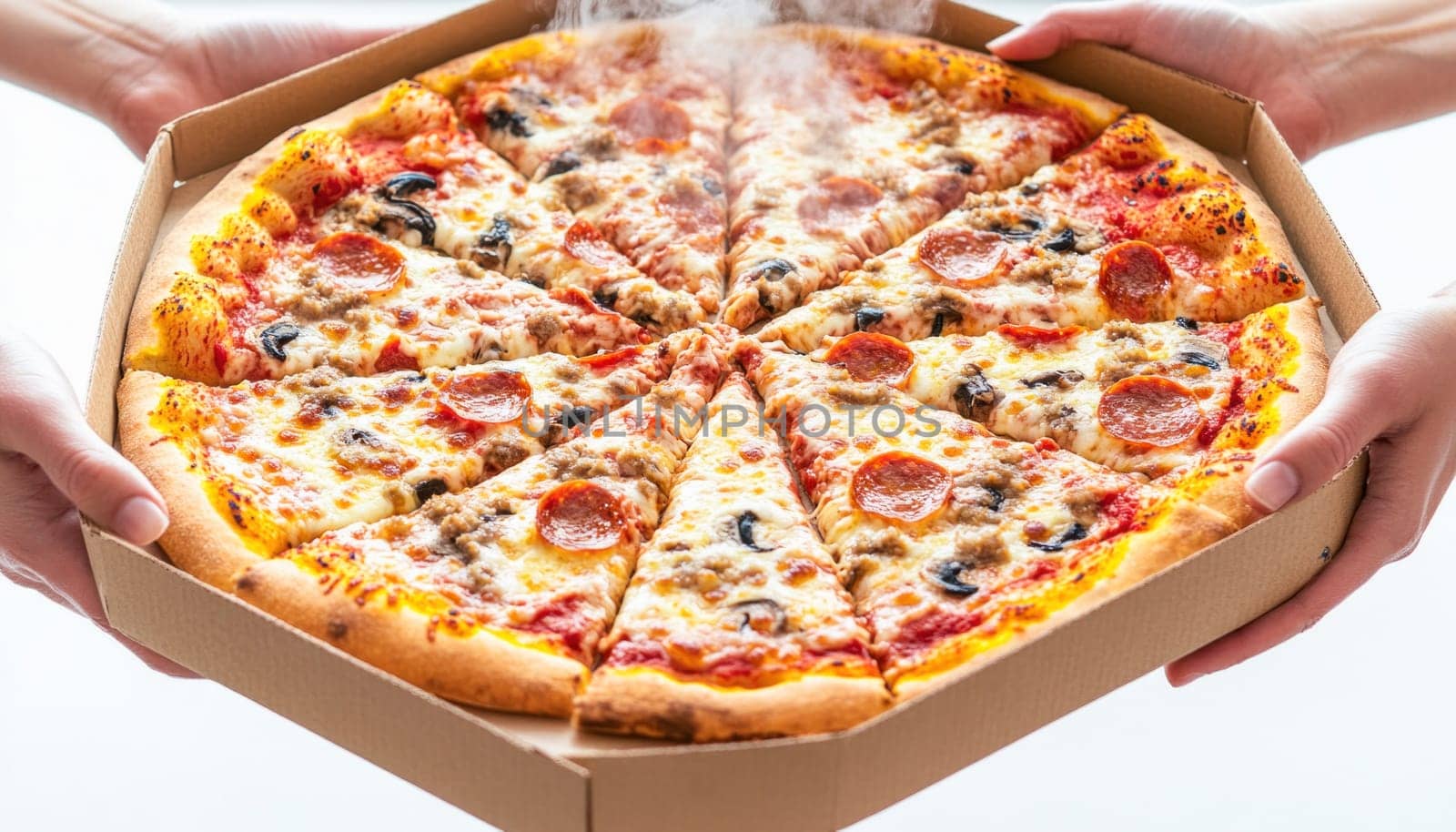 Two people holding a cardboard pizza box with delicious hot steaming pizza with pepperoni and mushrooms