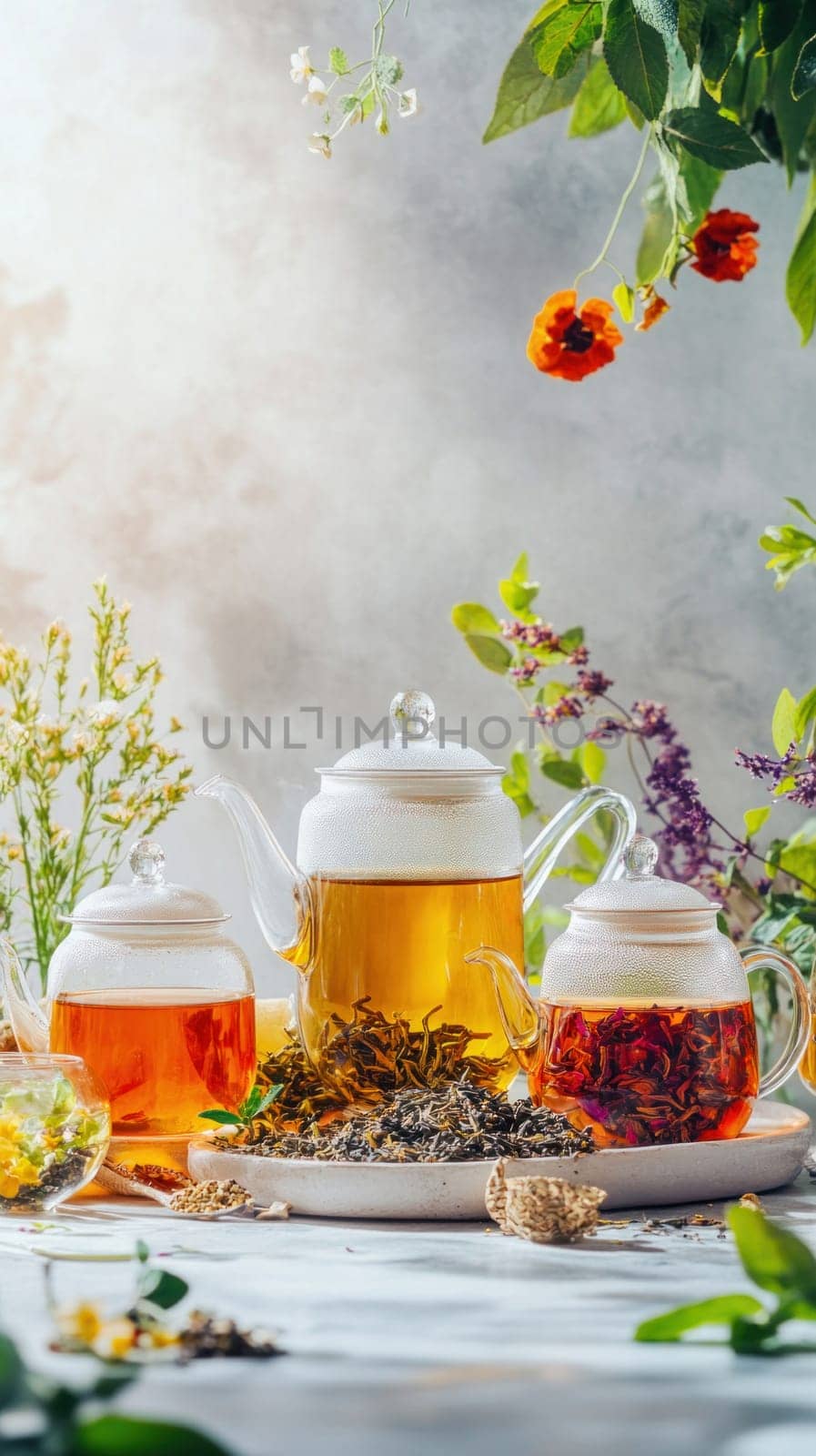 Glass teapots with different types of tea surrounded by flowers and herbs