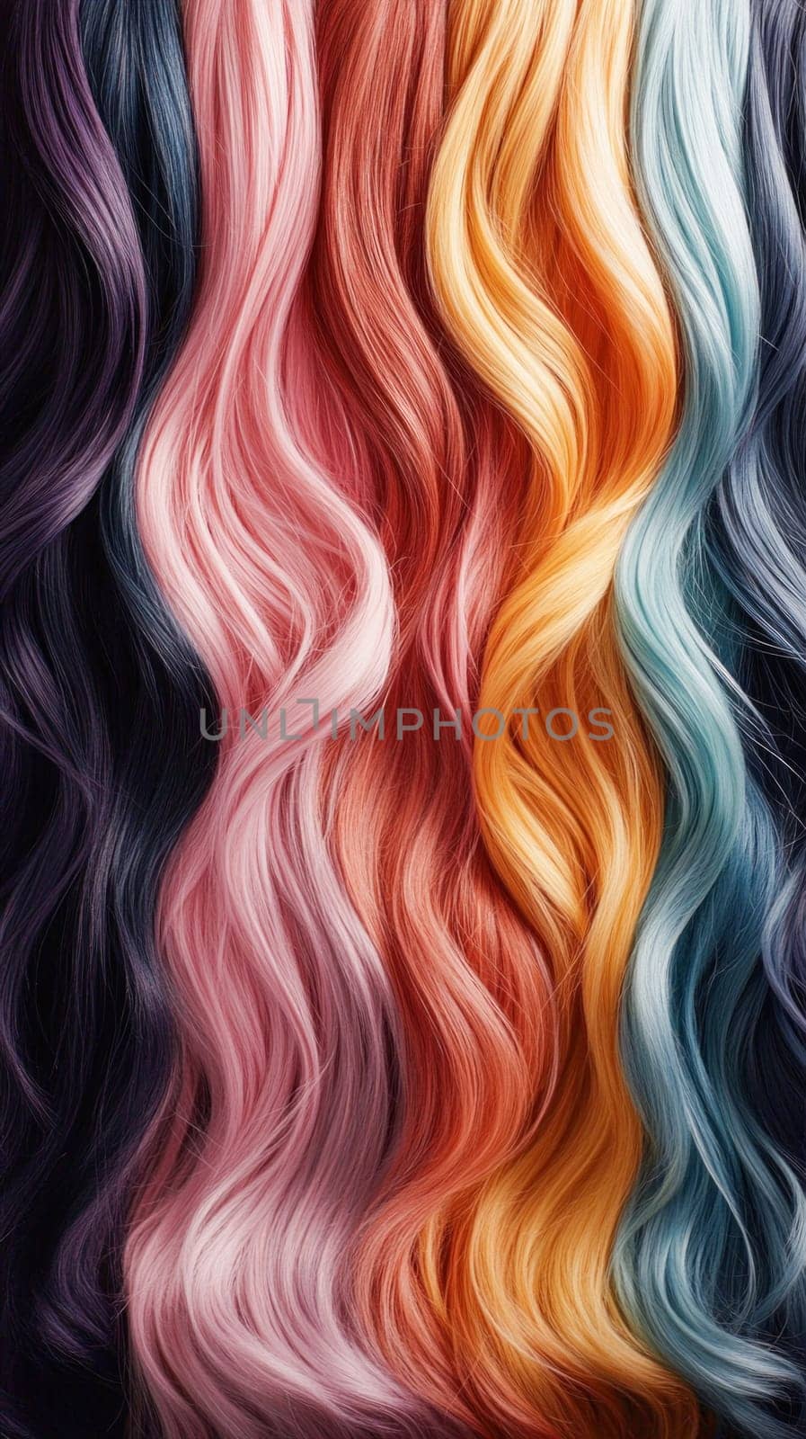Wavy strands of colorful hair are forming a vibrant background