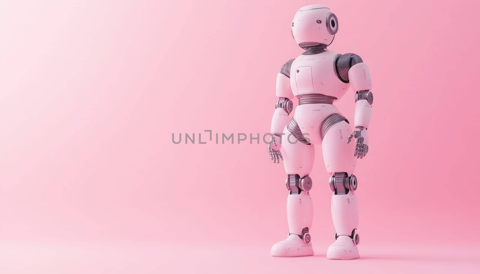 White robot is standing on a pink background with copy space