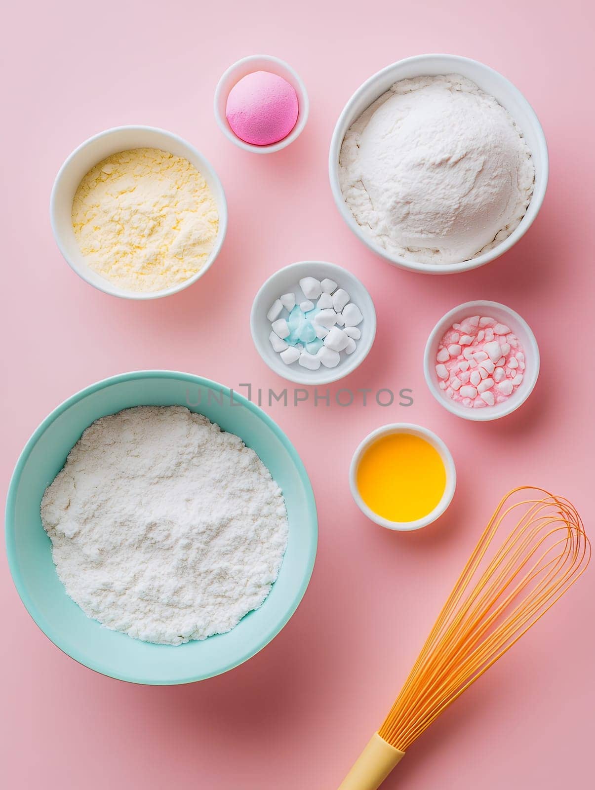 Various baking ingredients arranged on a pastel pink background, highlighting colorful and fun baking concepts.