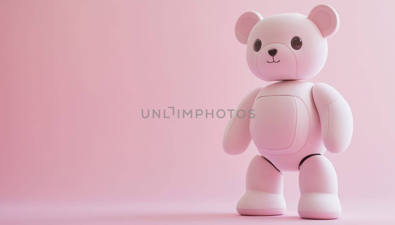 Pink robotic teddy bear is standing on a pink background