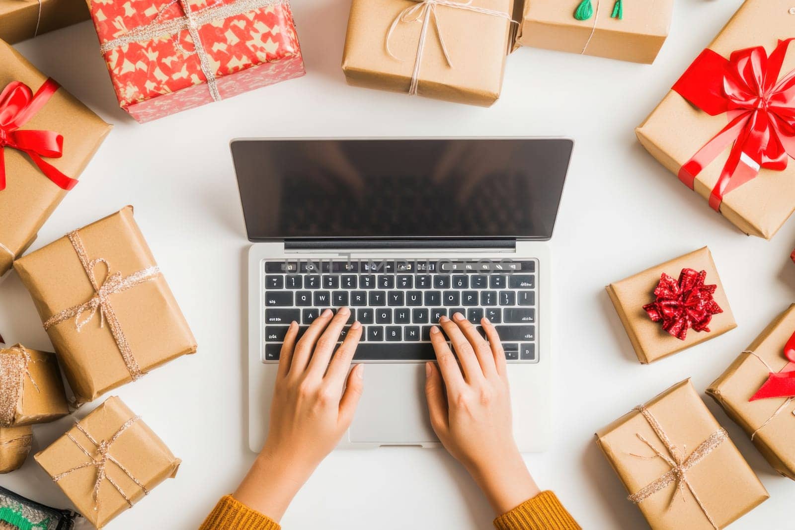 Woman typing on laptop keyboard surrounded by christmas gifts on white table