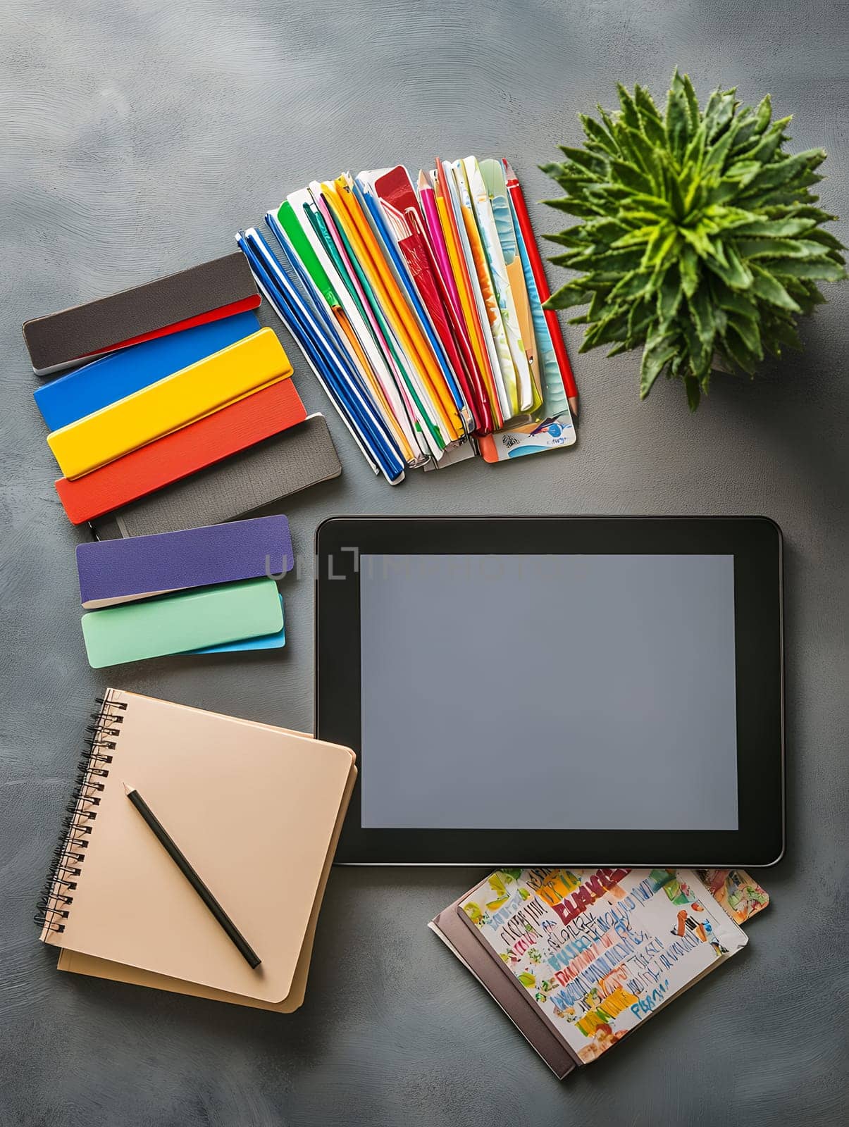 A tidy workspace with a tablet, colorful notebooks, and a plant, ideal for productivity and creativity.