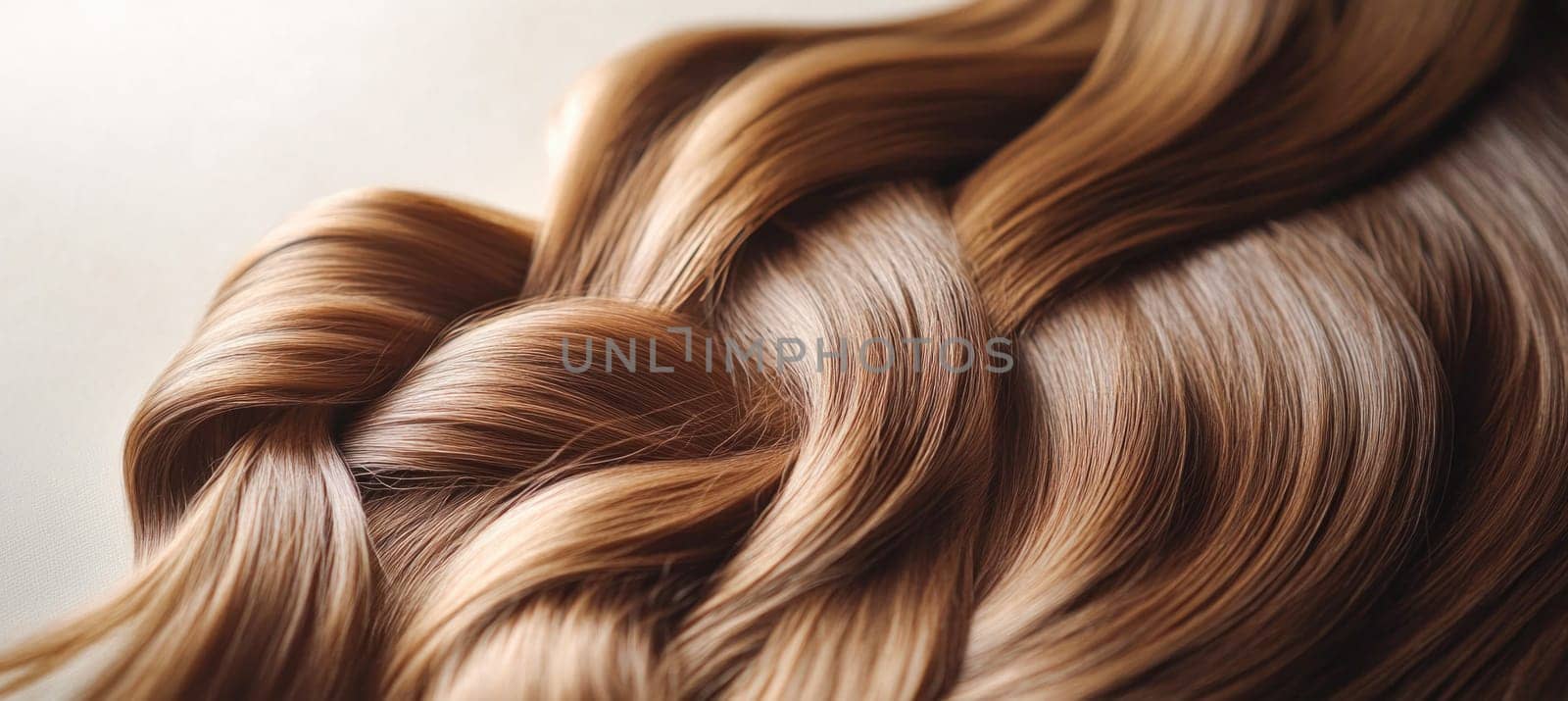 Wavy brown hair is forming smooth curls, creating a background texture