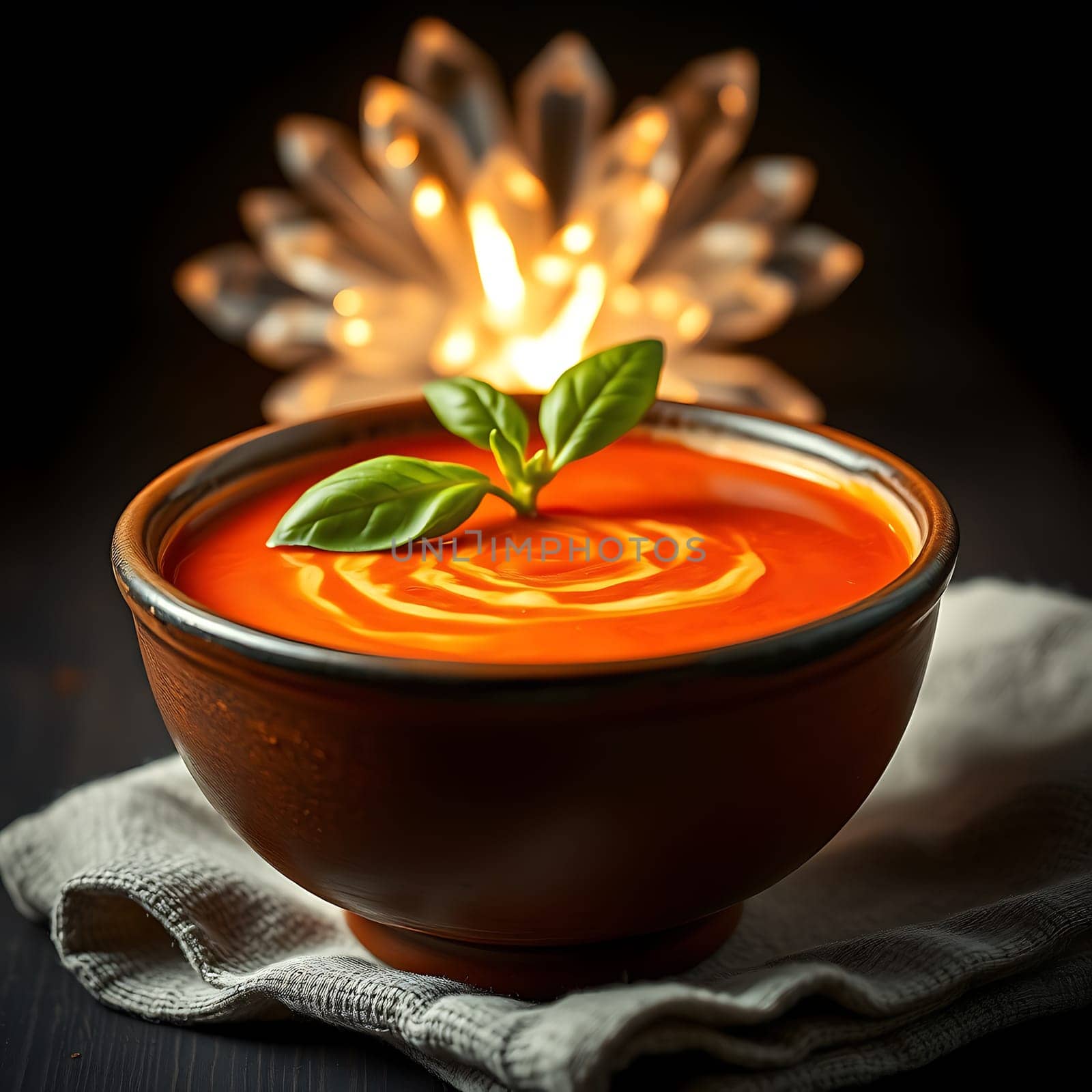 A close-up shot of a bowl of tomato soup garnished with fresh basil leaves and a swirl of cream. The soup is rich and vibrant in color, with a warm glow emanating from a blurred light source in the background. This image is perfect for illustrating recipes, articles, or advertisements related to food, cooking, and healthy eating. It can also be used as a background image for websites, social media, or printed materials. The warm lighting and soft focus create a comforting and inviting atmosphere, making this an ideal image for any project that aims to evoke feelings of warmth and nourishment.,