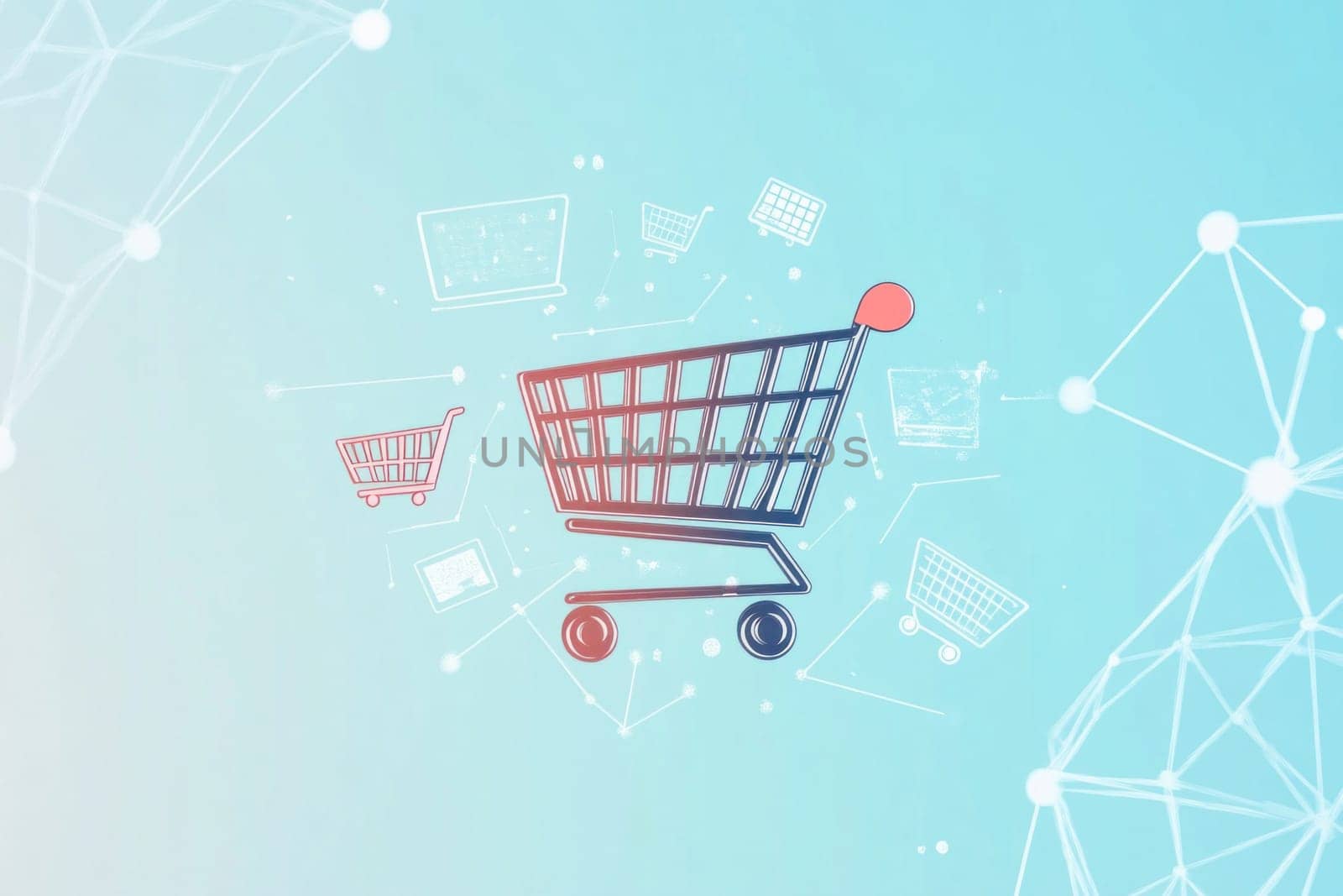 Creative collage depicting online shopping using shopping cart icon and network image on light blue background