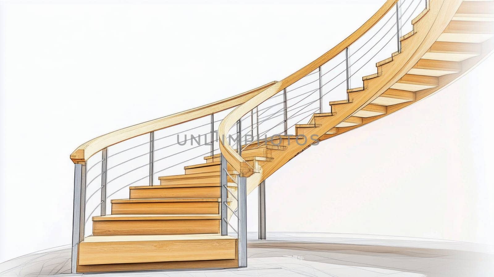 Architectural sketch showing a modern spiral staircase with wooden steps and a steel railing connecting floors in a contemporary building