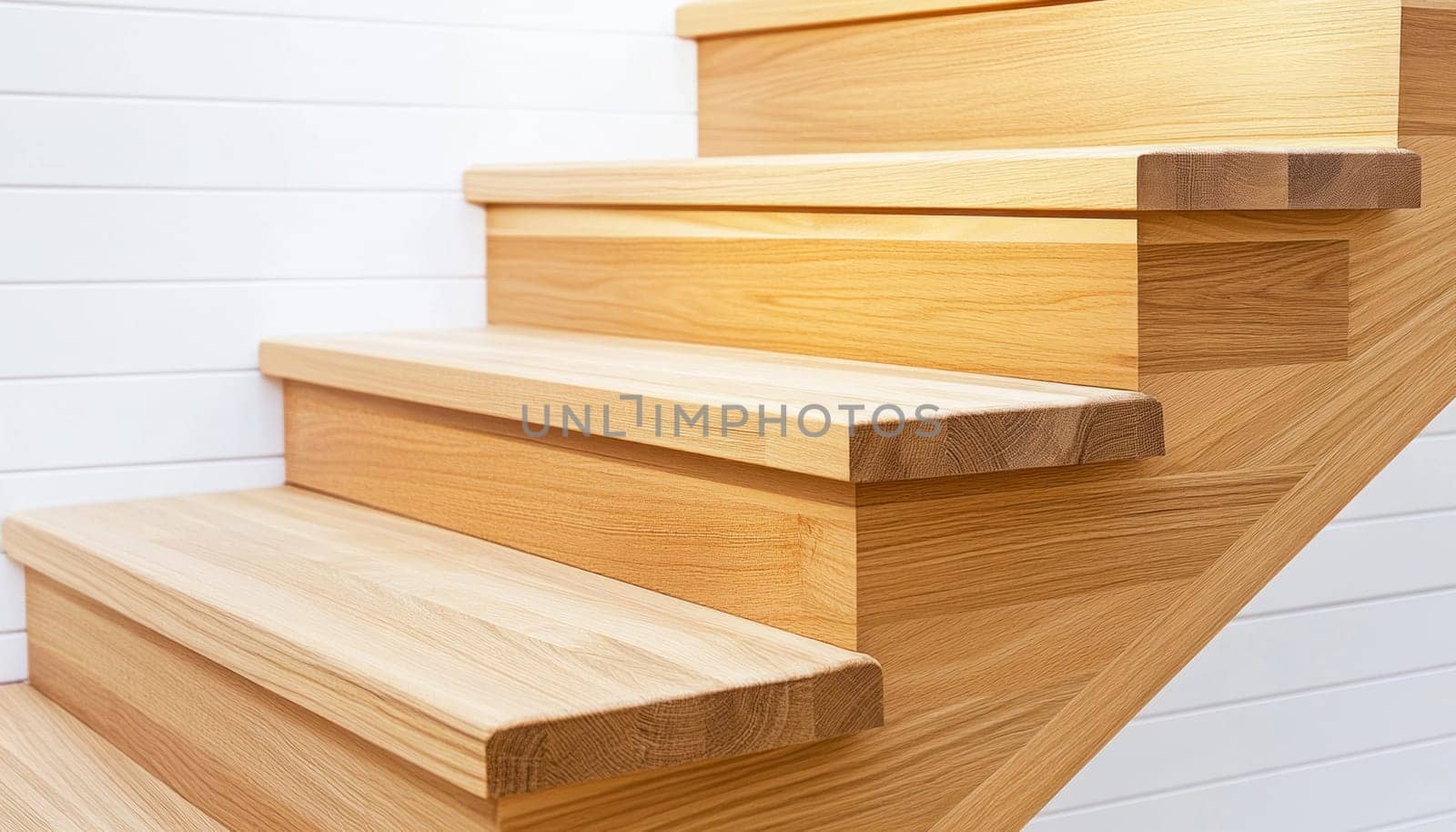 Close up of wooden staircase structure with white wall paneling in modern home interior