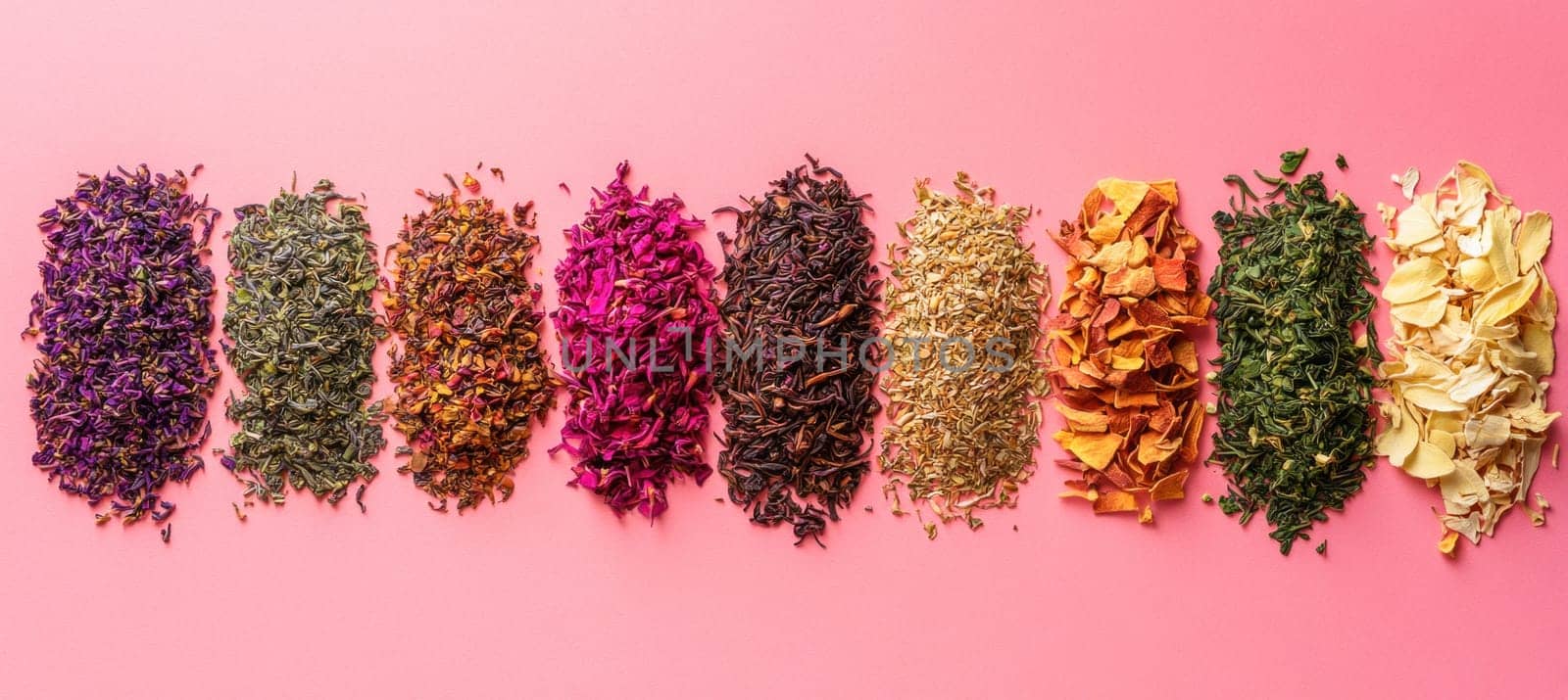 Colorful assortment of dry tea leaves is lined up on a pink background