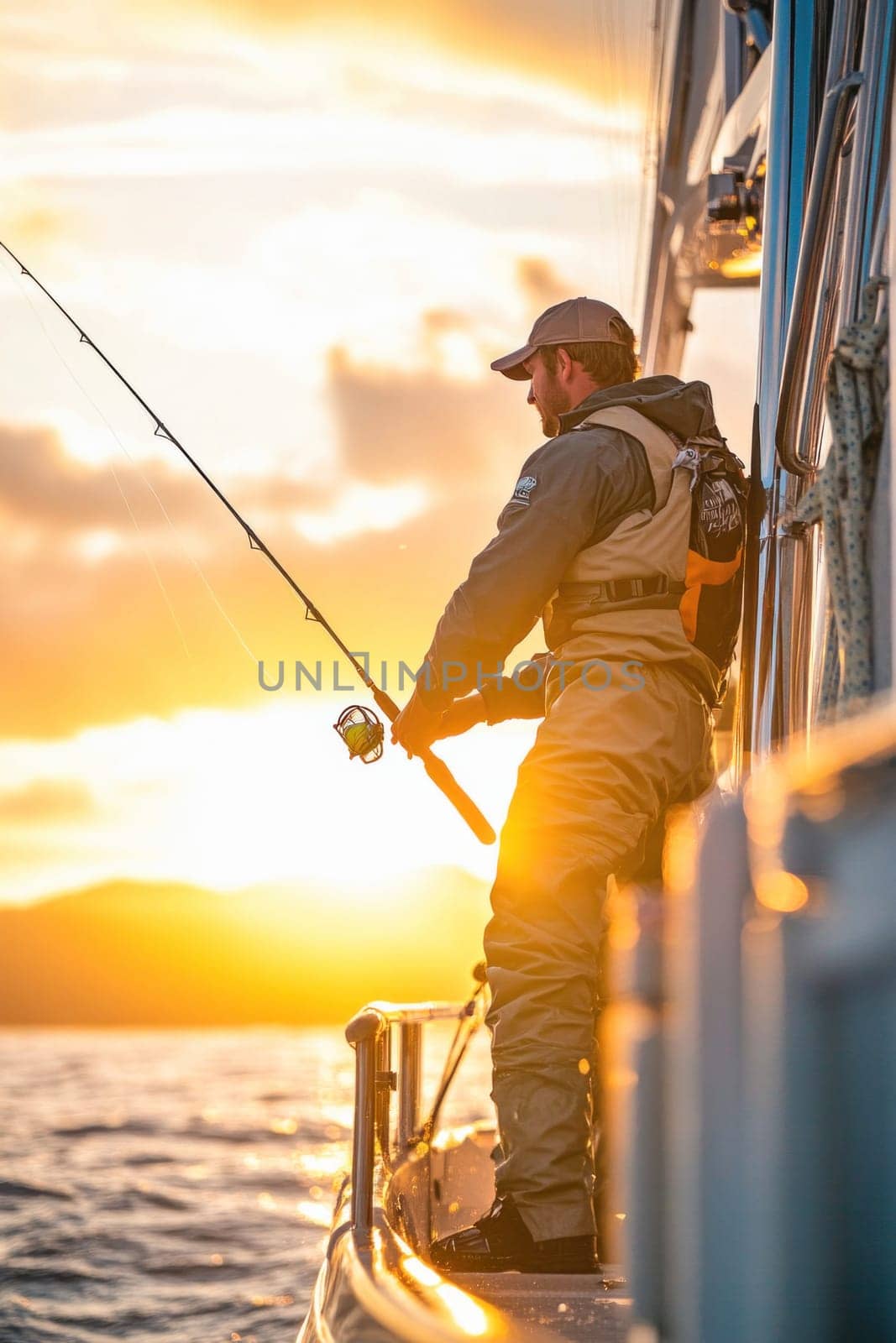 Fisherman smiling while holding fishing rod on a boat at sunset