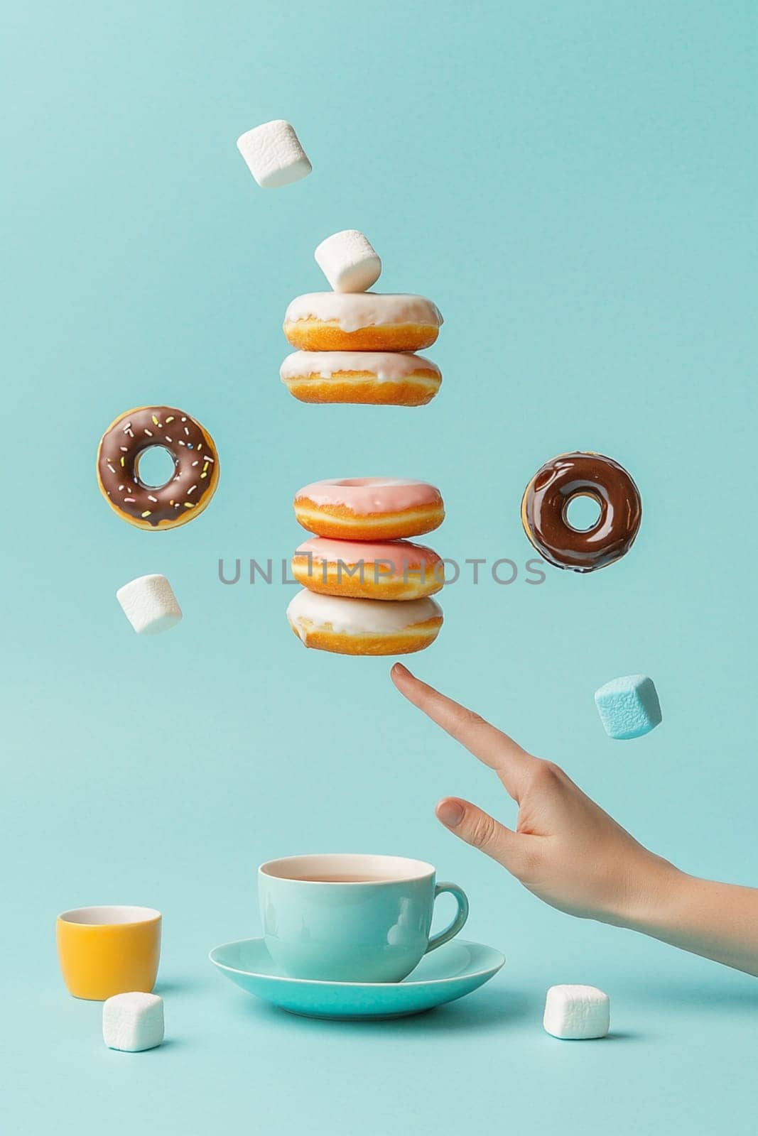 Hand is holding a cup catching flying donuts, chocolate bars and marshmallows on a blue background. This image evokes the concept of sweet breakfast