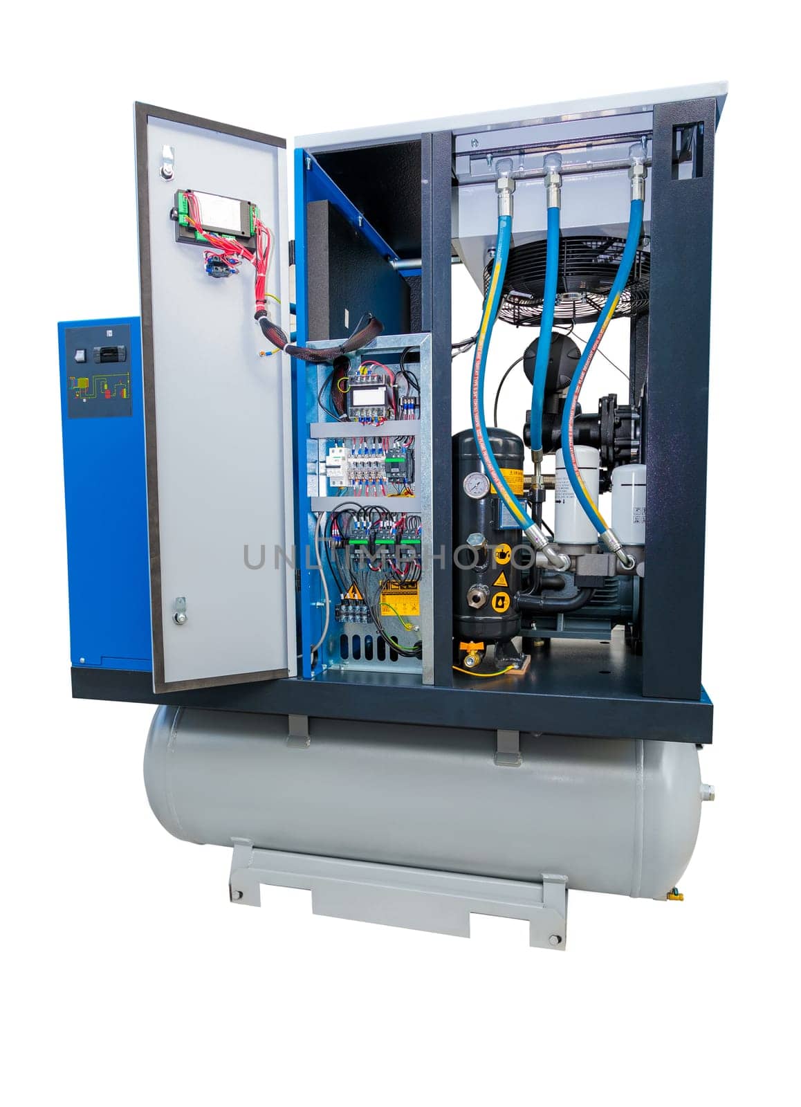 Powerful air compressor unit with open cabinet revealing complex internal mechanics and electrical wiring, isolated on white