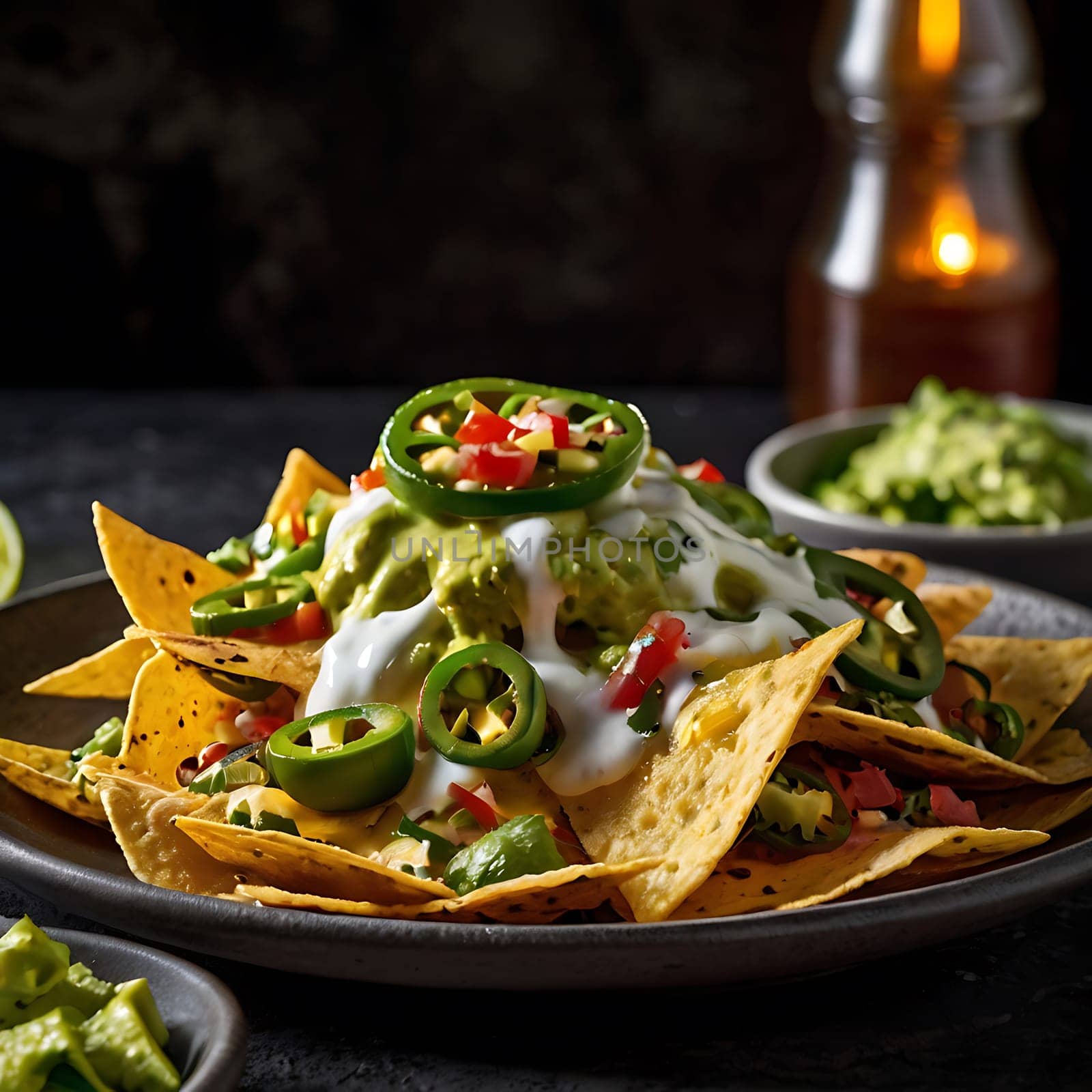 A close-up shot of a plate of nachos piled high with crispy tortilla chips, creamy guacamole, sour cream, chopped jalapenos, diced tomatoes, and cheese. The nachos are perfect for a snack, appetizer, or light meal, and the image is ideal for use in food blogs, restaurant menus, or cookbooks. The vibrant colors and tempting textures make this image sure to capture attention and inspire cravings. ,