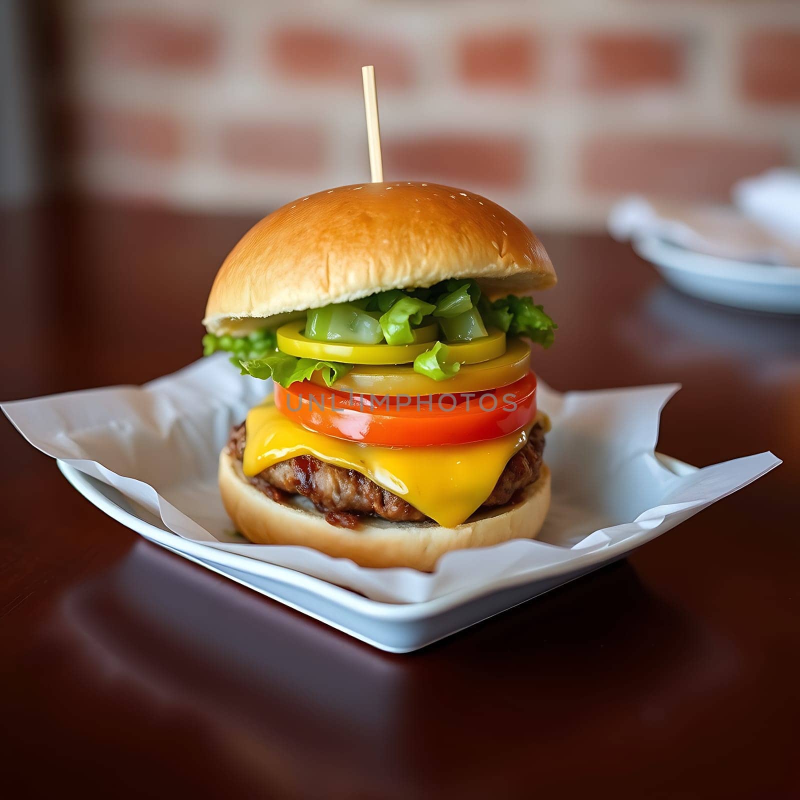 A mouthwatering closeup of a cheeseburger with melted cheese, tomato, lettuce, and a juicy patty, all nestled in a soft bun. The burger is sitting on a white plate, and the image is perfect for use in advertising or marketing materials related to food, restaurants, or fast food. The vibrant colors and close-up perspective create a sense of appetizing freshness and appeal.