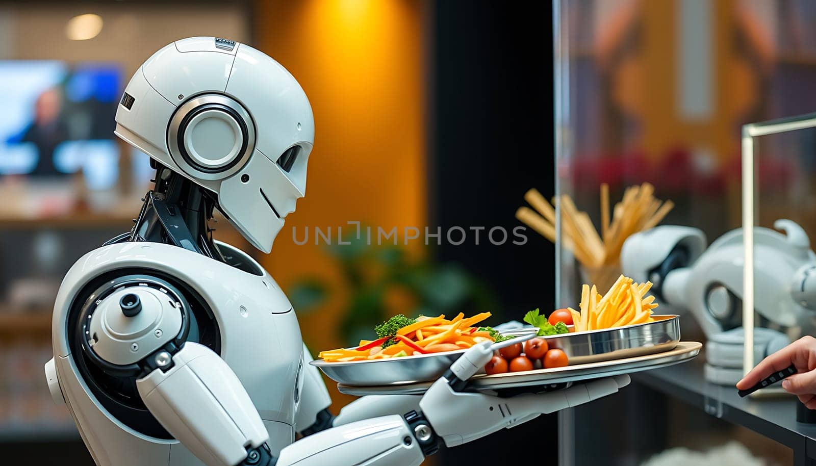 A white humanoid robot serves a plate of food, featuring fresh vegetables and orange slices, to a human hand in a modern setting. This image illustrates the concept of artificial intelligence and automation in the service industry, highlighting the future of dining. It can be used for articles, websites, and presentations about robotics, technology, and the future of work.