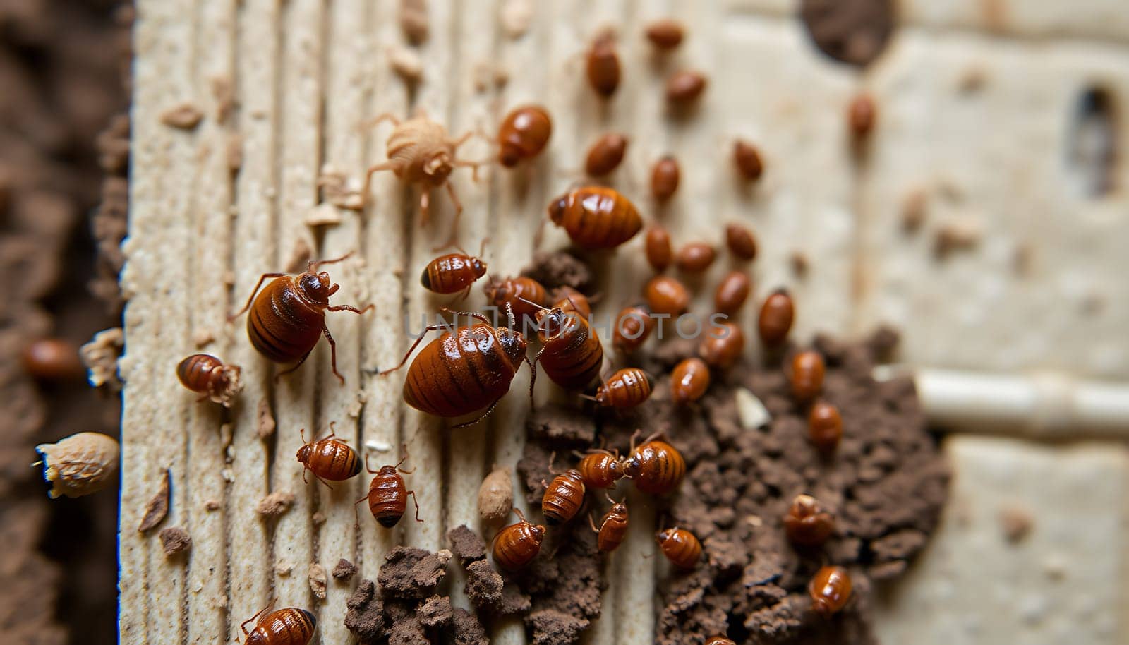 A close-up image of a group of bed bugs on a wooden surface. The bugs are in various stages of development, with some being larger and darker than others. The image is a great representation of the pest problem of bed bugs and is suitable for use in articles, websites, and other materials related to pest control.
