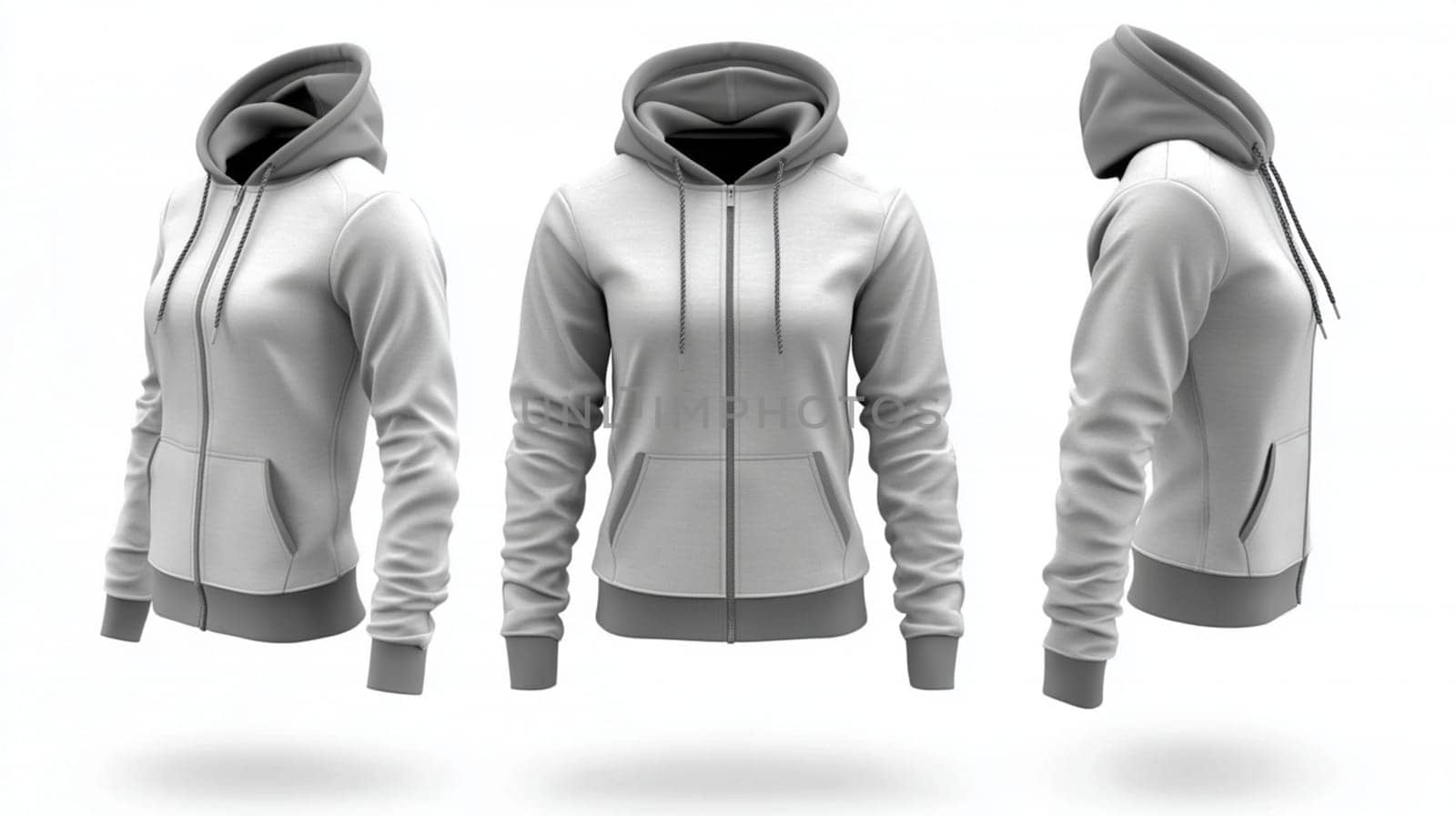 Four views of a female mannequin wearing a blank white hoodie, perfect for showcasing your apparel designs. The mannequin has her hair tied up in two buns