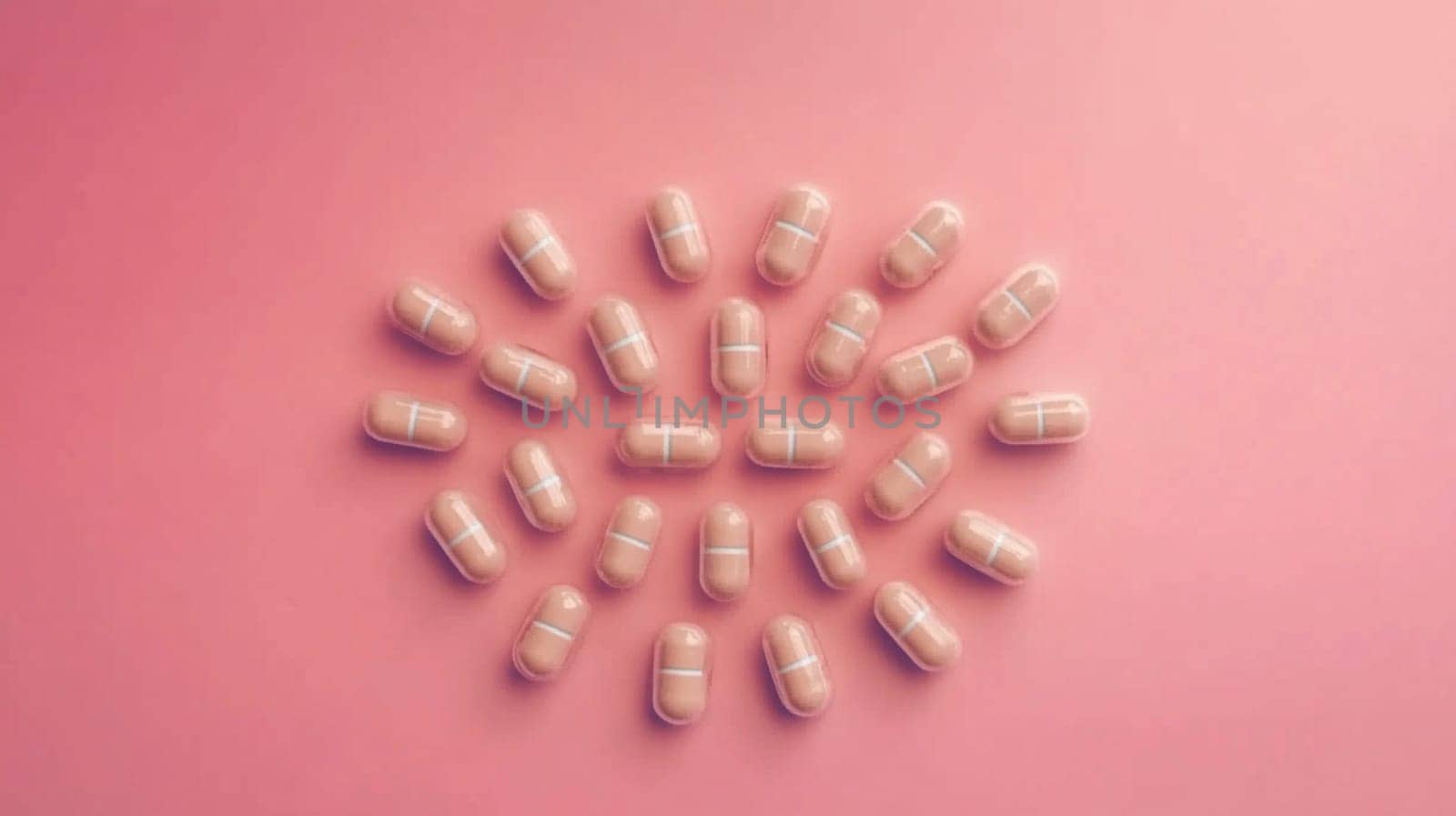 Pink and white pills arranged in circular pattern on soft pink backdrop, conveying pharmaceutical industry and healthcare themes. Suitable for various health related concepts