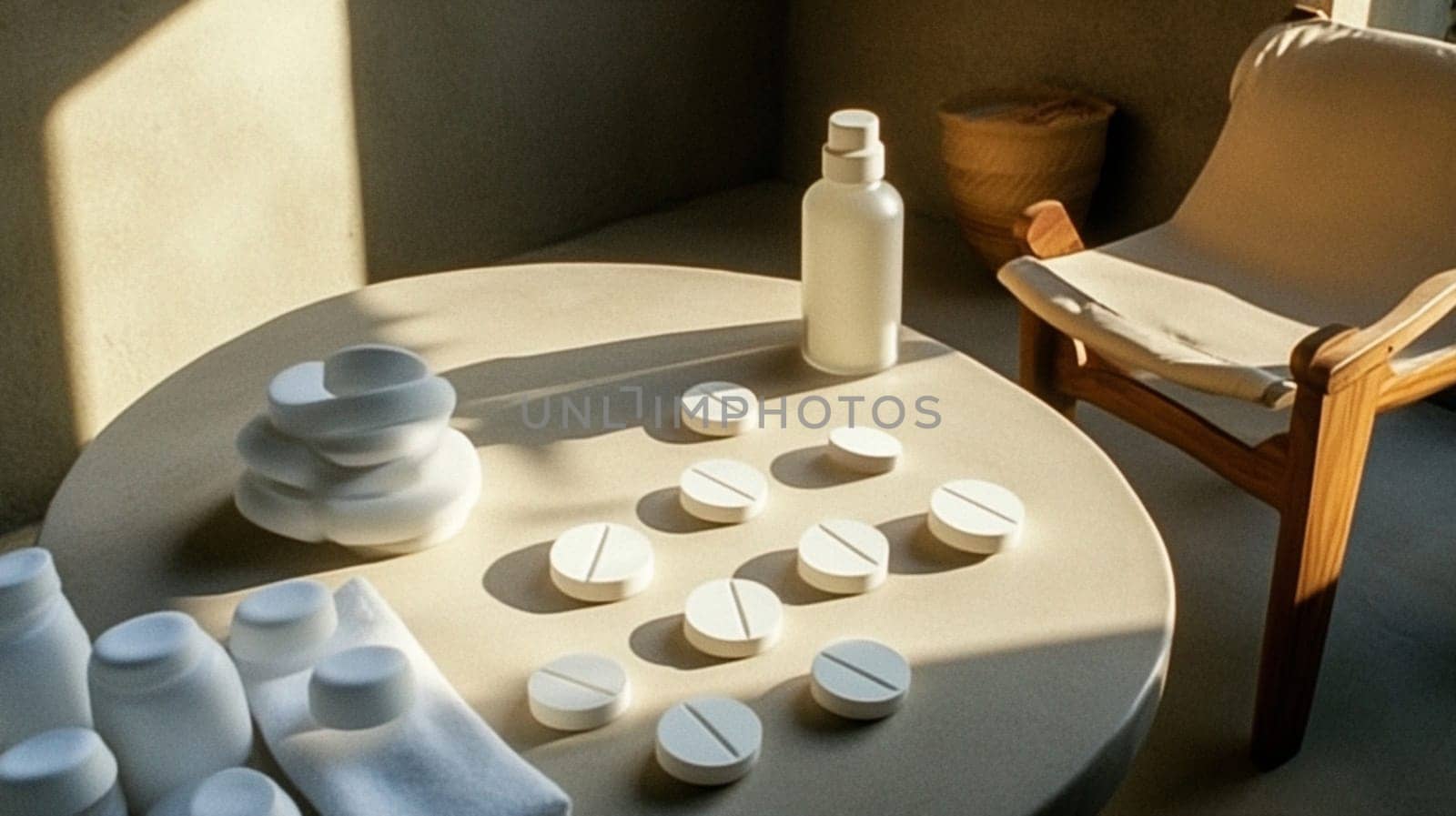 White pills neatly arranged on a minimalist table with a bottle of medication, a towel, and ceramic bowls, creating a serene atmosphere perfect for health concepts