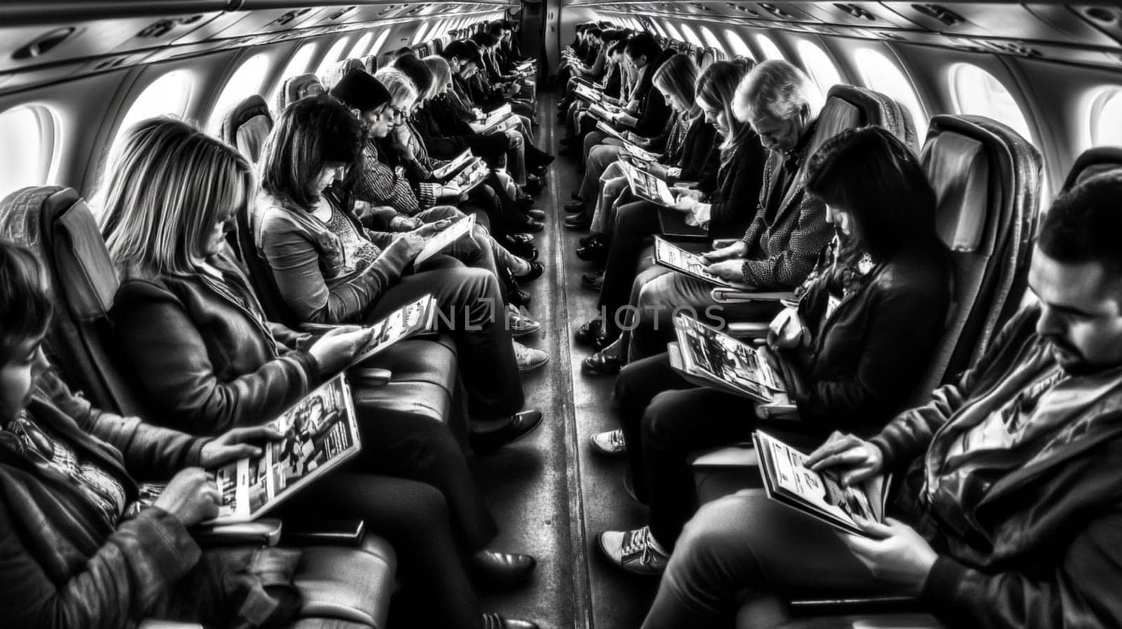 Many airline passengers are reading in flight magazines while sitting in their seats during a flight