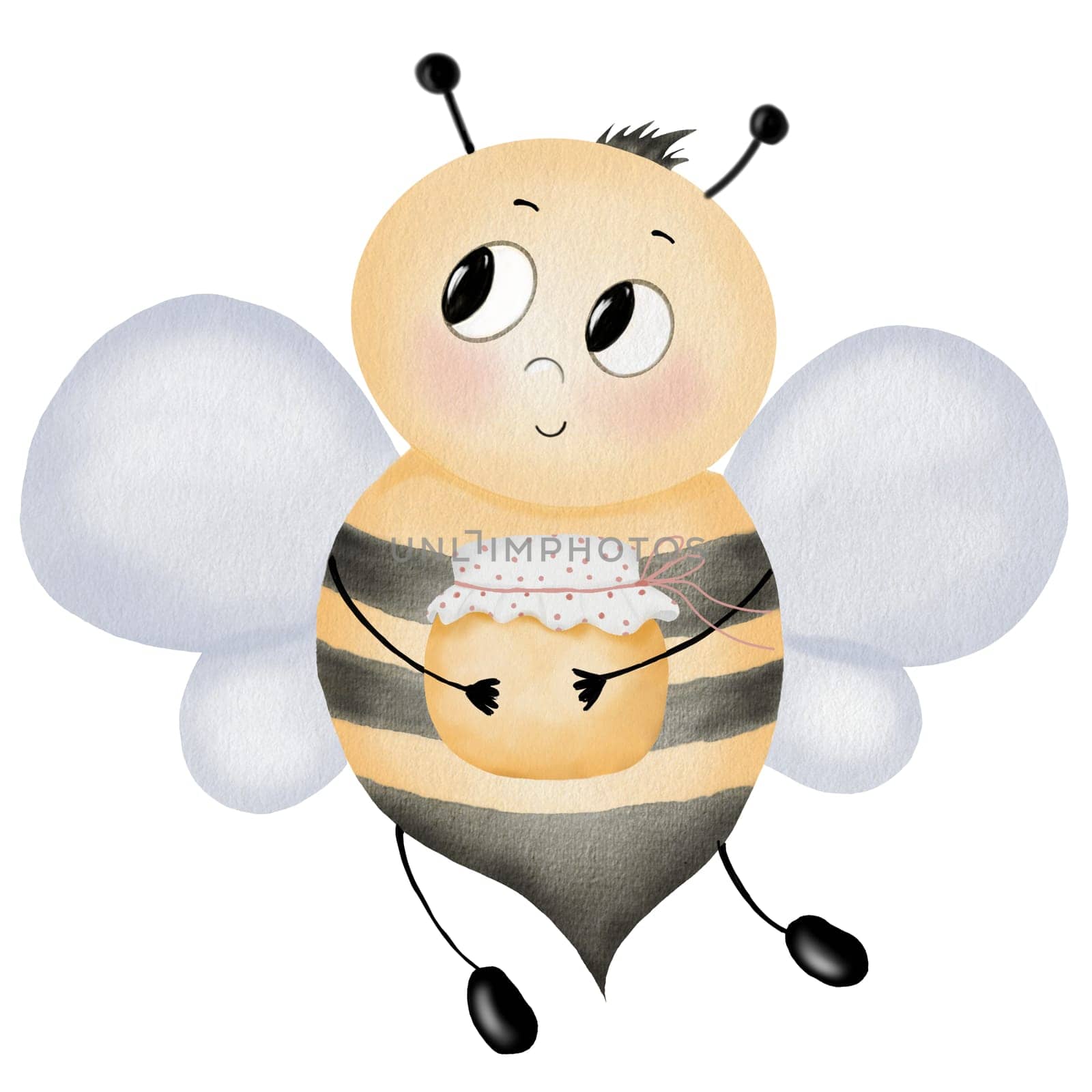 Bee cartoon watercolor. Hand drawn cute bumblebee with a jar of honey on isolated white background. Clip art insect. Ideal for children's educational cards, posters and organic honey labels. High quality illustration
