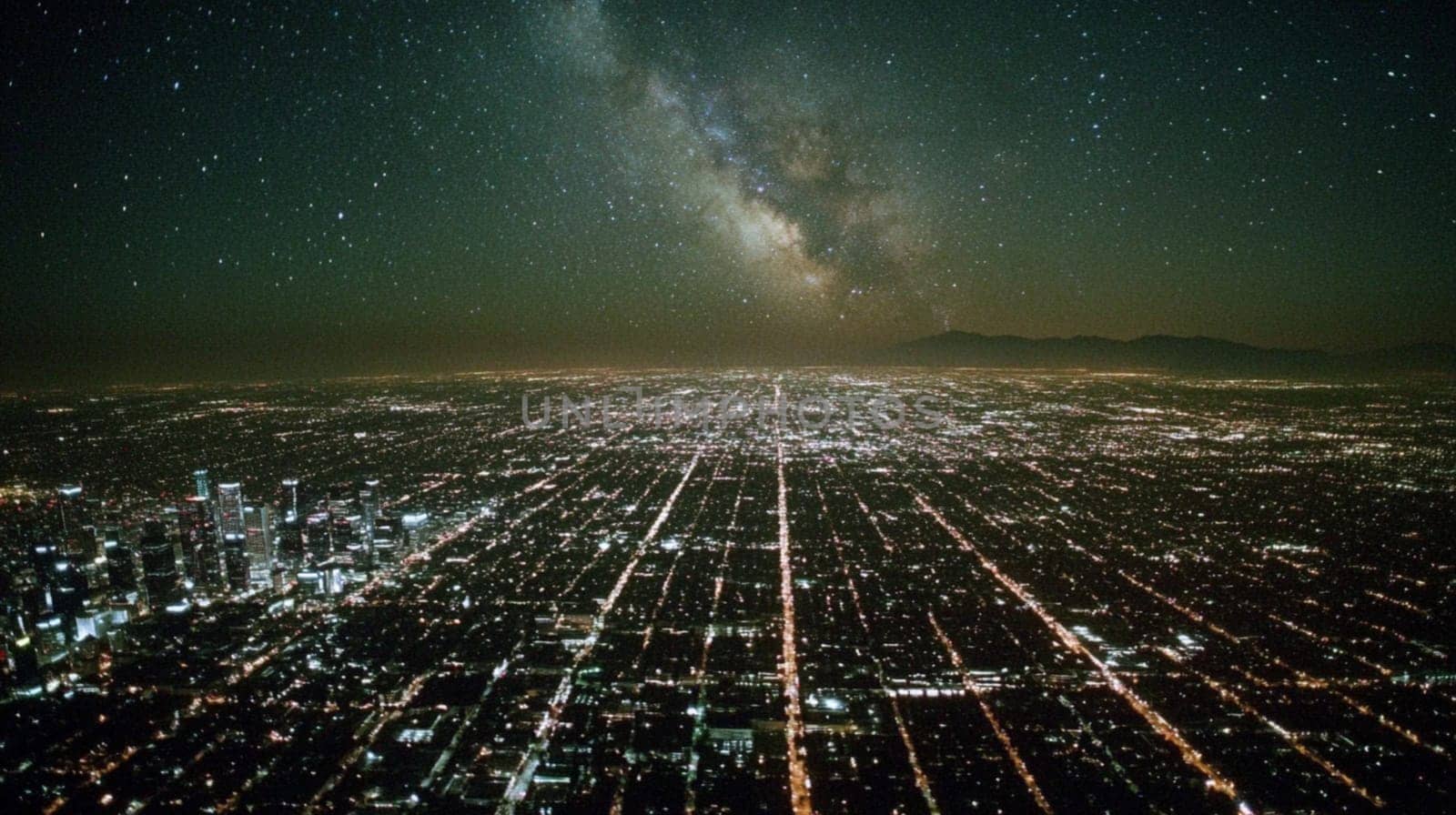 The los angeles skyline is captured at night with the milky way shining brightly above, showcasing the city's lights and the vastness of the universe
