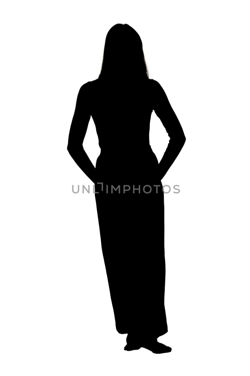 A striking silhouette of a woman dressed elegantly in a long flowing dress, confidently standing with her hands on her hips in a poised manner