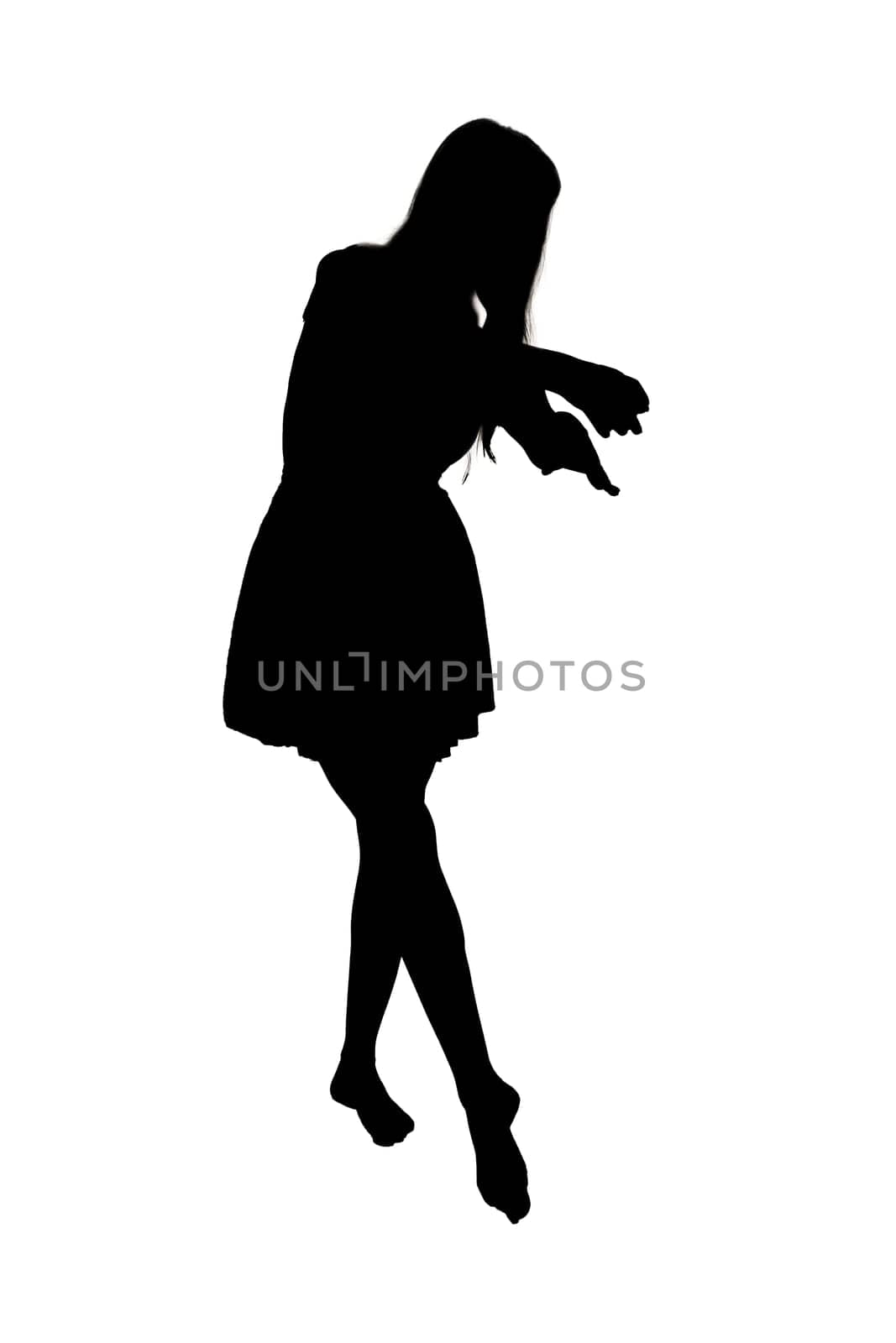 A graceful silhouette of a woman wearing a stylish dress stands out against a clean, white background, creating an elegant visual contrast