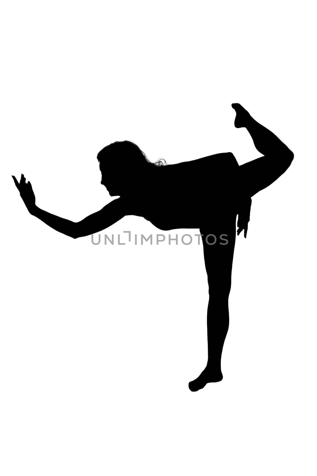 A beautiful silhouette of a graceful woman captured in a yoga pose set against a clean, white background for a striking contrast