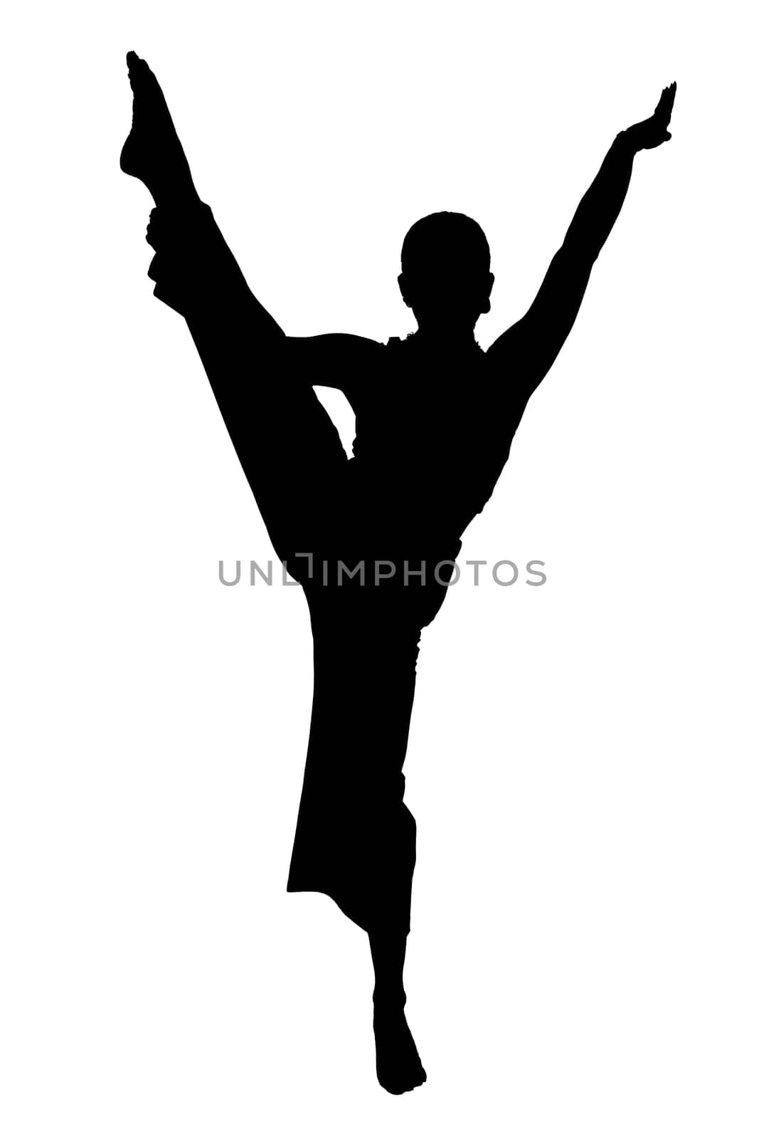 A striking silhouette of an individual gracefully positioned on one leg, with their arms elegantly outstretched in a captivating pose