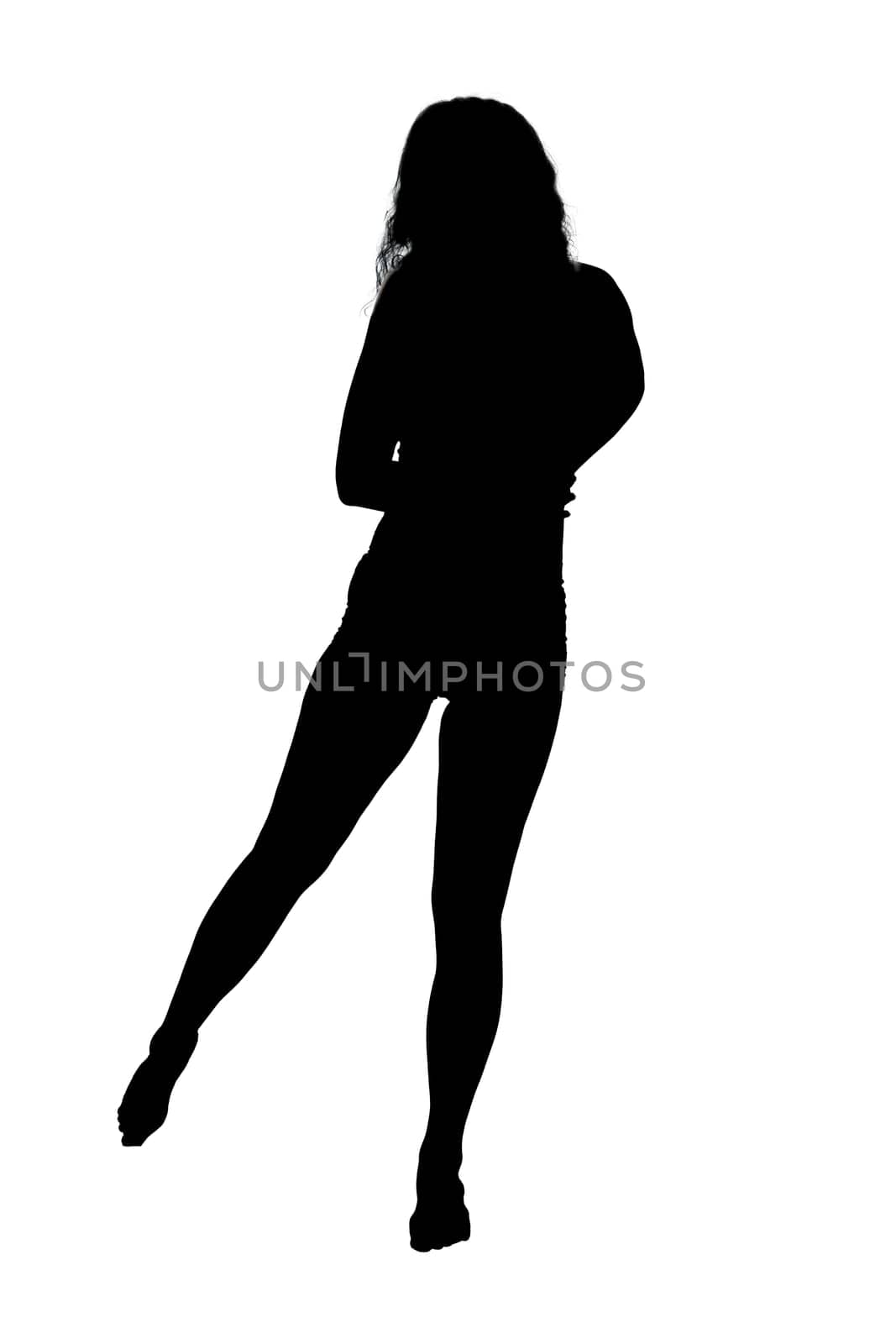 A striking silhouette of a graceful woman standing elegantly on one leg, set against a crisp white background that enhances her form