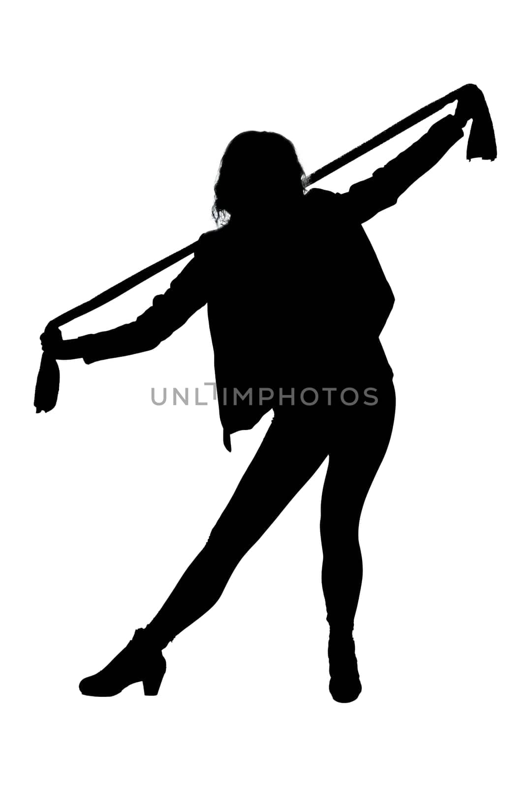 A striking silhouette of a graceful woman holding a scarf elegantly draped over her shoulder against a beautiful backdrop