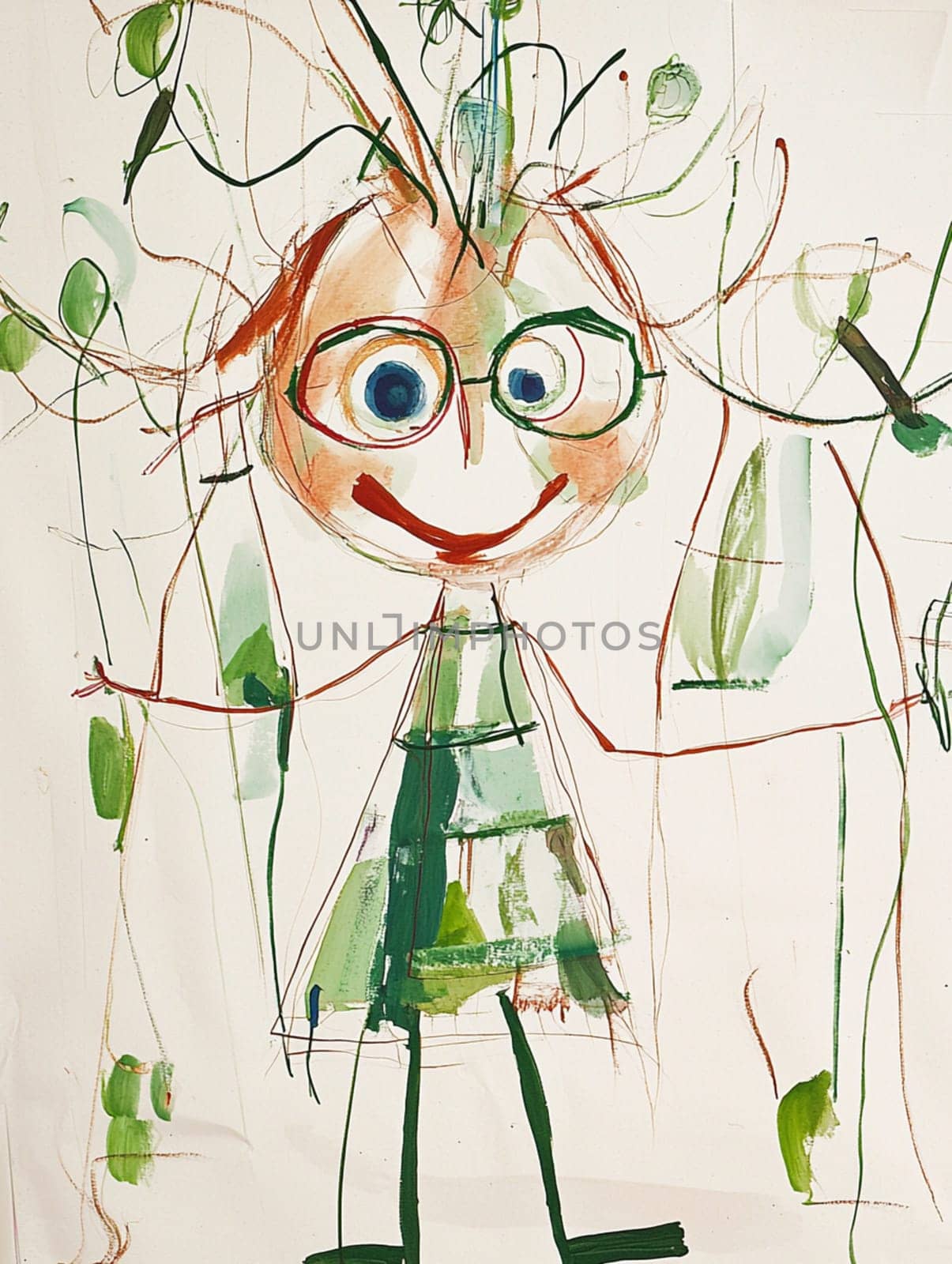 Childlike illustration featuring a whimsical girl with big round glasses and flowers in her hair, smiling and enjoying life