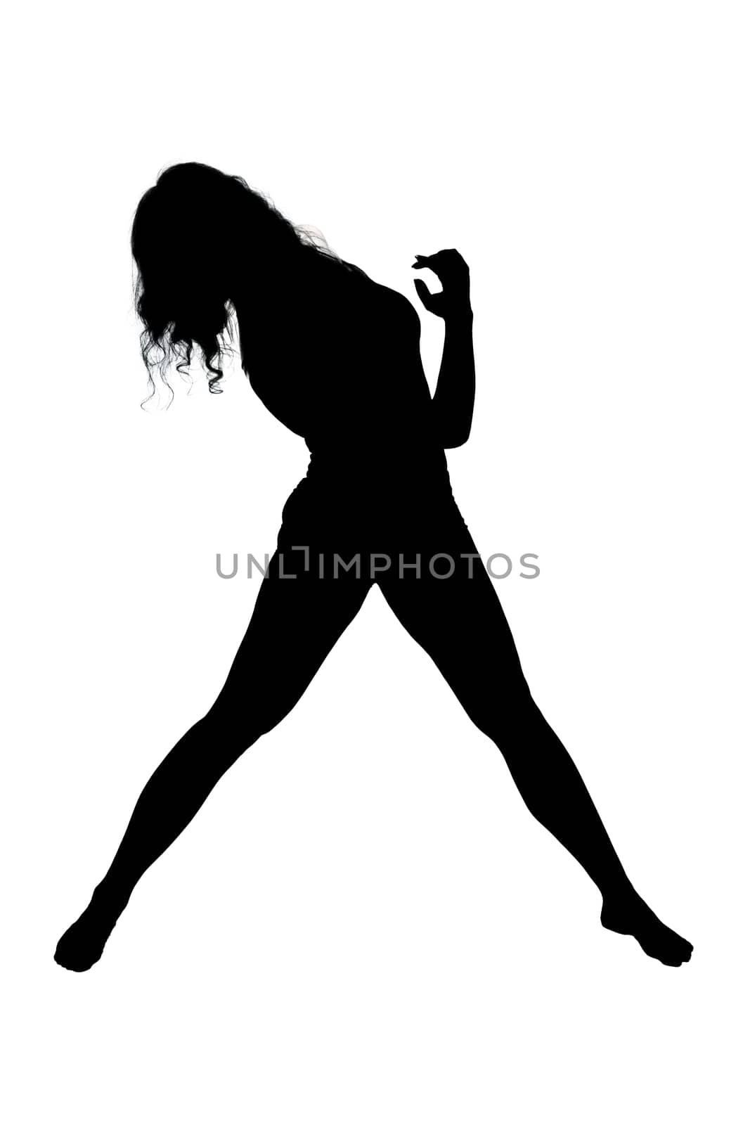 The elegant silhouette of a graceful woman dancing in motion against a clean, bright white background, creating a striking visual contrast