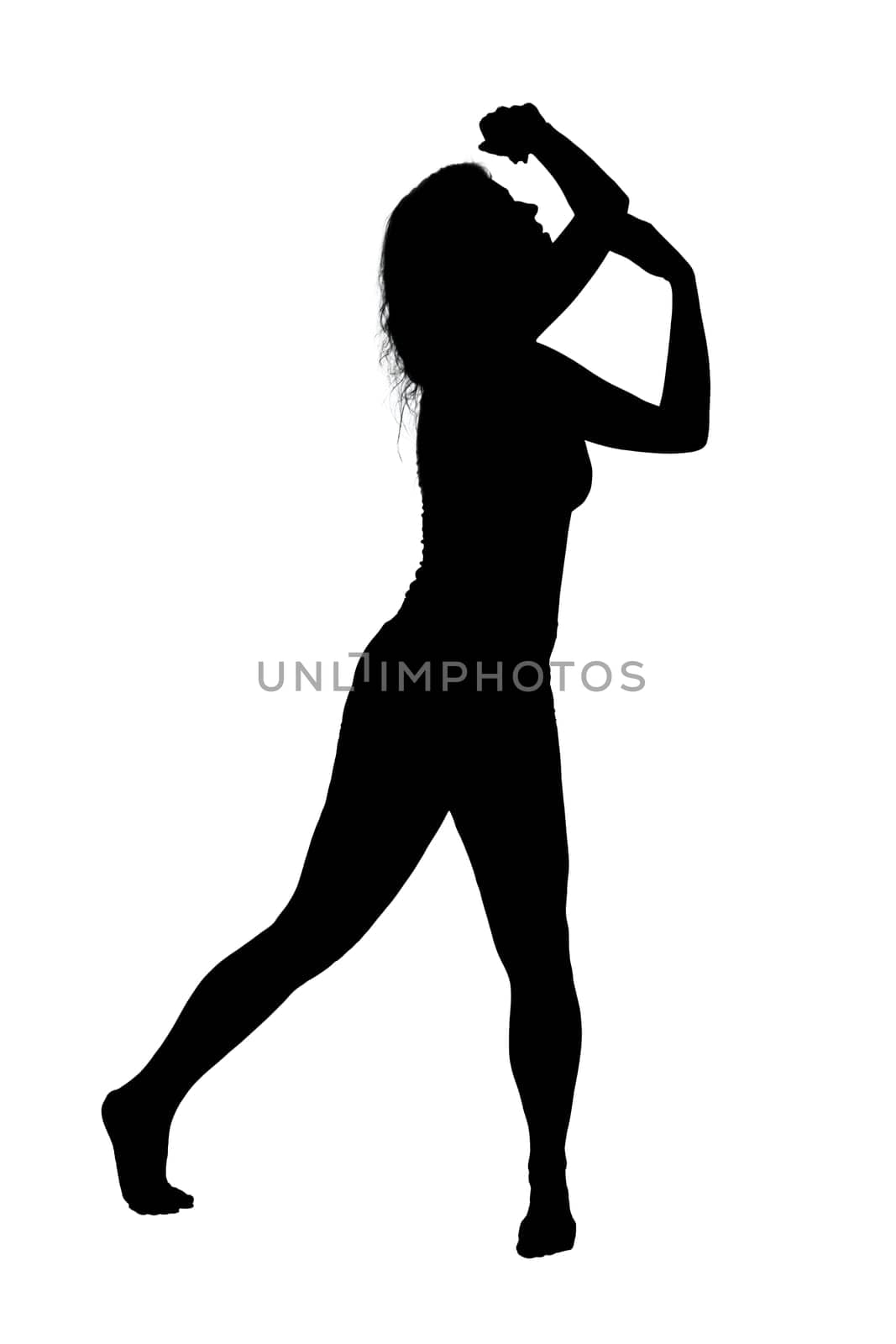 A striking silhouette of a graceful woman elegantly dancing on a pristine white background, capturing the beauty of movement and form
