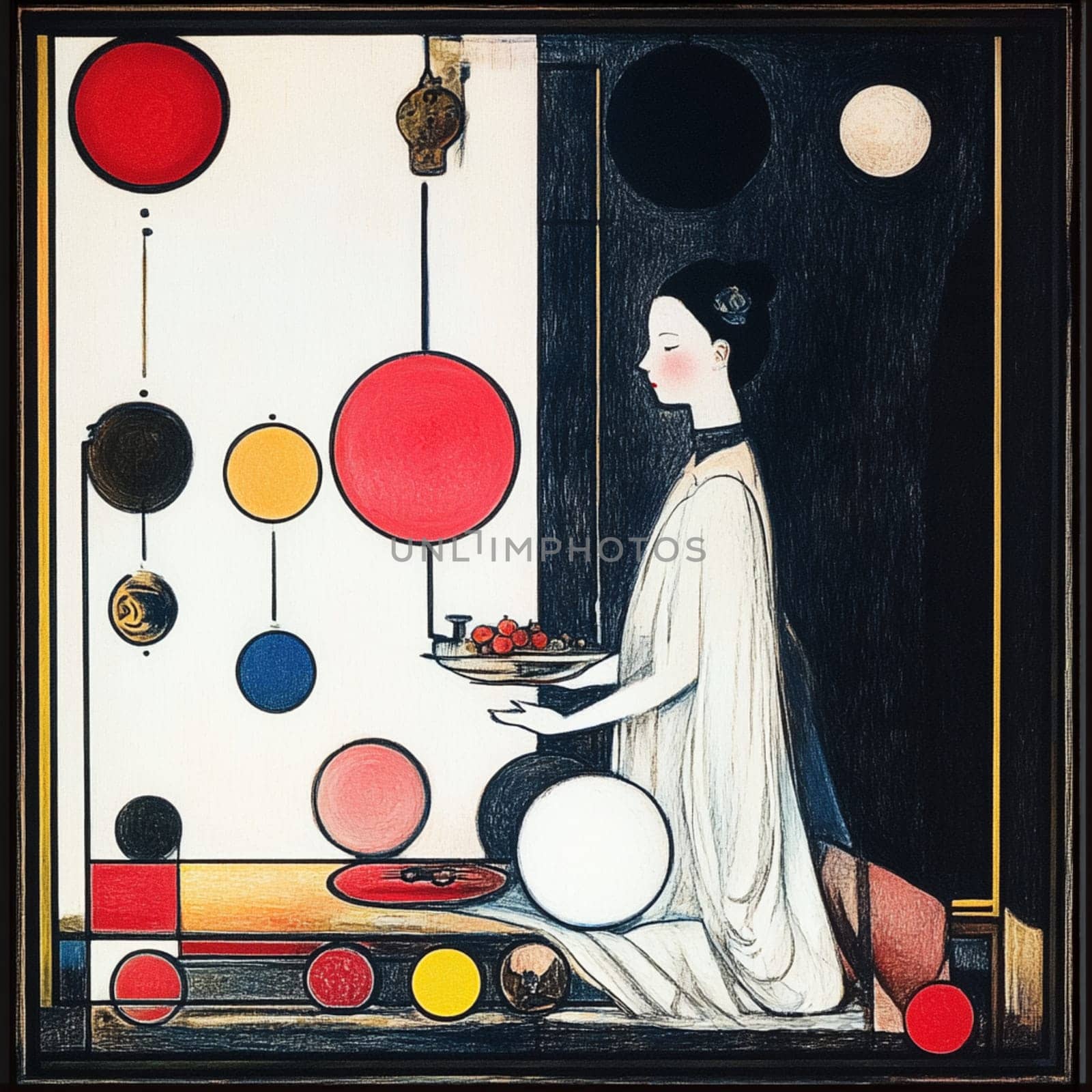 Captivating painting of a woman kneeling with fruits, abstract background. Colorful, modern design with geometric patterns. Masterpiece invites exploration