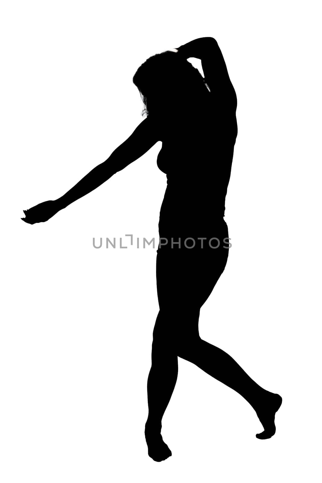 A graceful silhouette of a woman dancing elegantly against a pure white background, creating a striking visual contrast and aesthetic appeal