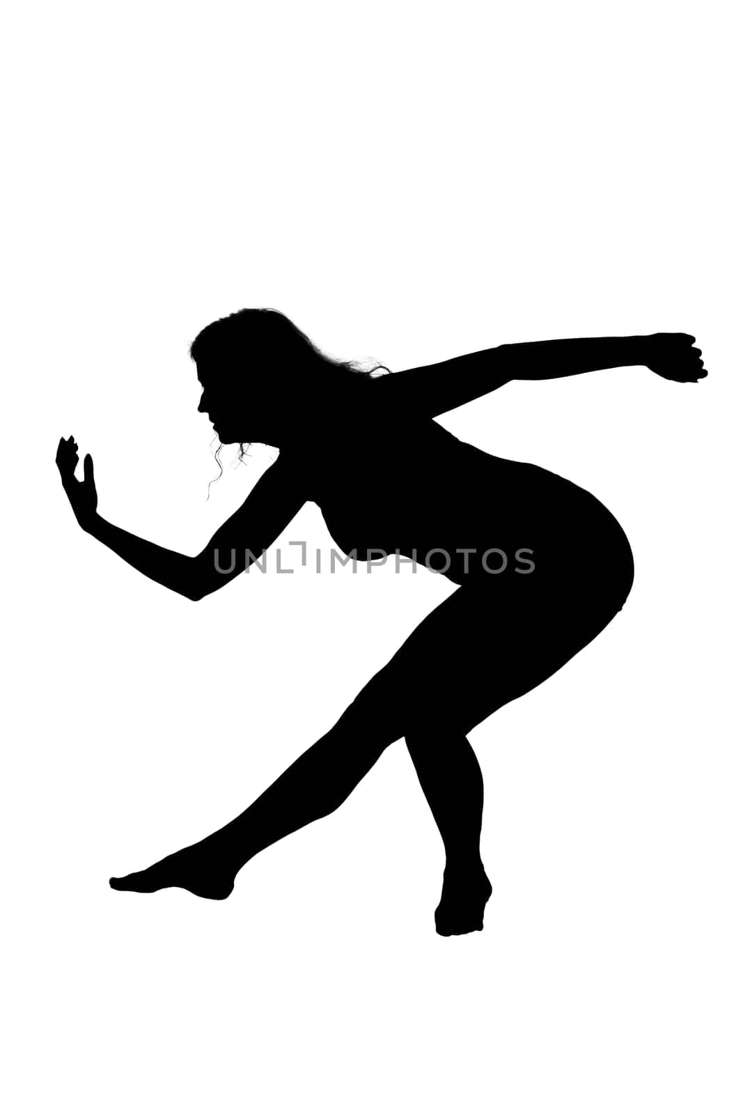 A graceful silhouette of a woman elegantly dancing against a pristine white background, capturing the beauty of movement and art