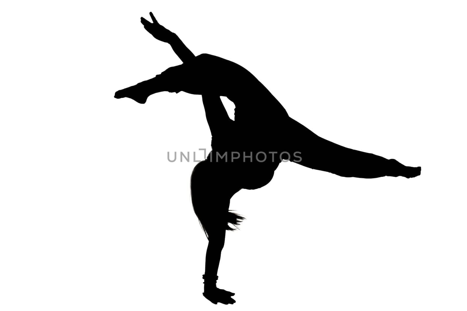 A silhouette depicting a person performing a handstand against a clean and bright white background that enhances the images clarity